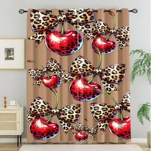 Leopard Bow Cherry Pattern Curtains 2 Pack, Girly Style Window Drapes, Light Blocking, Noise Reducing, Grommet Top, Easy to Hang, Perfect Teen Girls Bedroom Dorm Window Decor, Ideal Gift Leopard Print Lovers