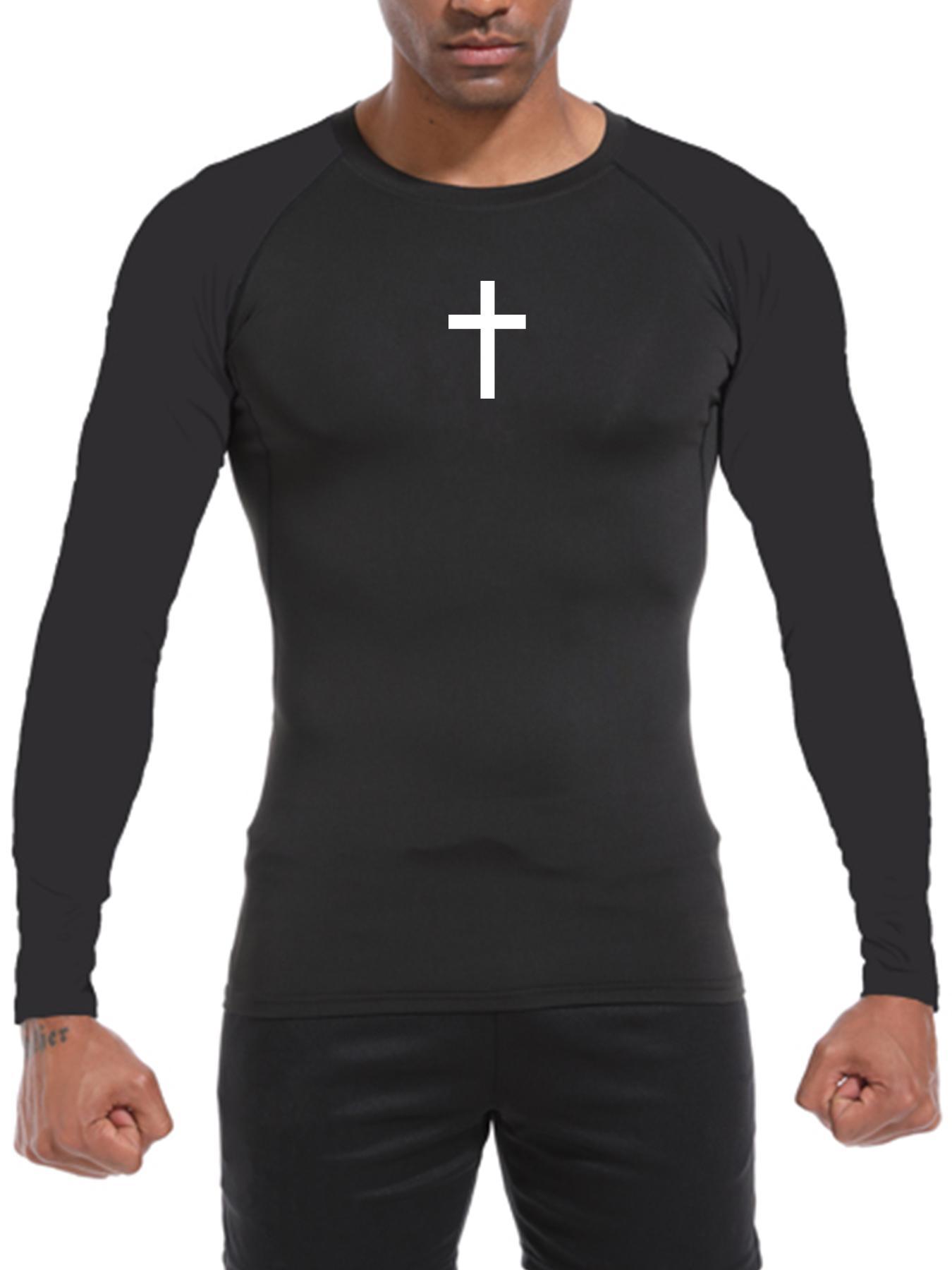 Men's Cross Print Round Neck Sports Tee, Tight Sporty Quick Drying Breathable Long Sleeve T-shirt, Men's Sportswear for Spring & Fall Gym Workout, Athletic Style High Performance Activewear