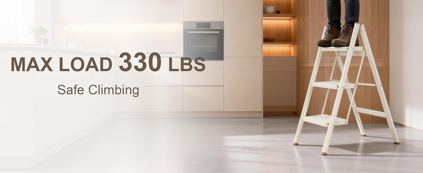 3 Step Ladder,Lightweight Folding Step Stool with Wide Anti-Slip Pedal, 330LBS Capacity, Heavy Duty,Sturdy Iron Metal Step Stool for Home, Kitchen, Closet, Adults, Cream White