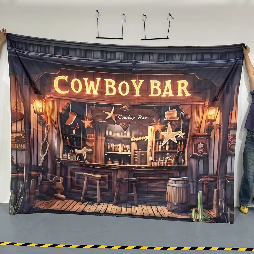 2D Flat banner 1pc Western Cowboy Bar Backdrop Vintage Wood Saloon Neon Sign Cactus Star Guitar Barrel Decor For Men Birthday Western Theme Party Photo Booth Polyester Material Multiple Sizes Available