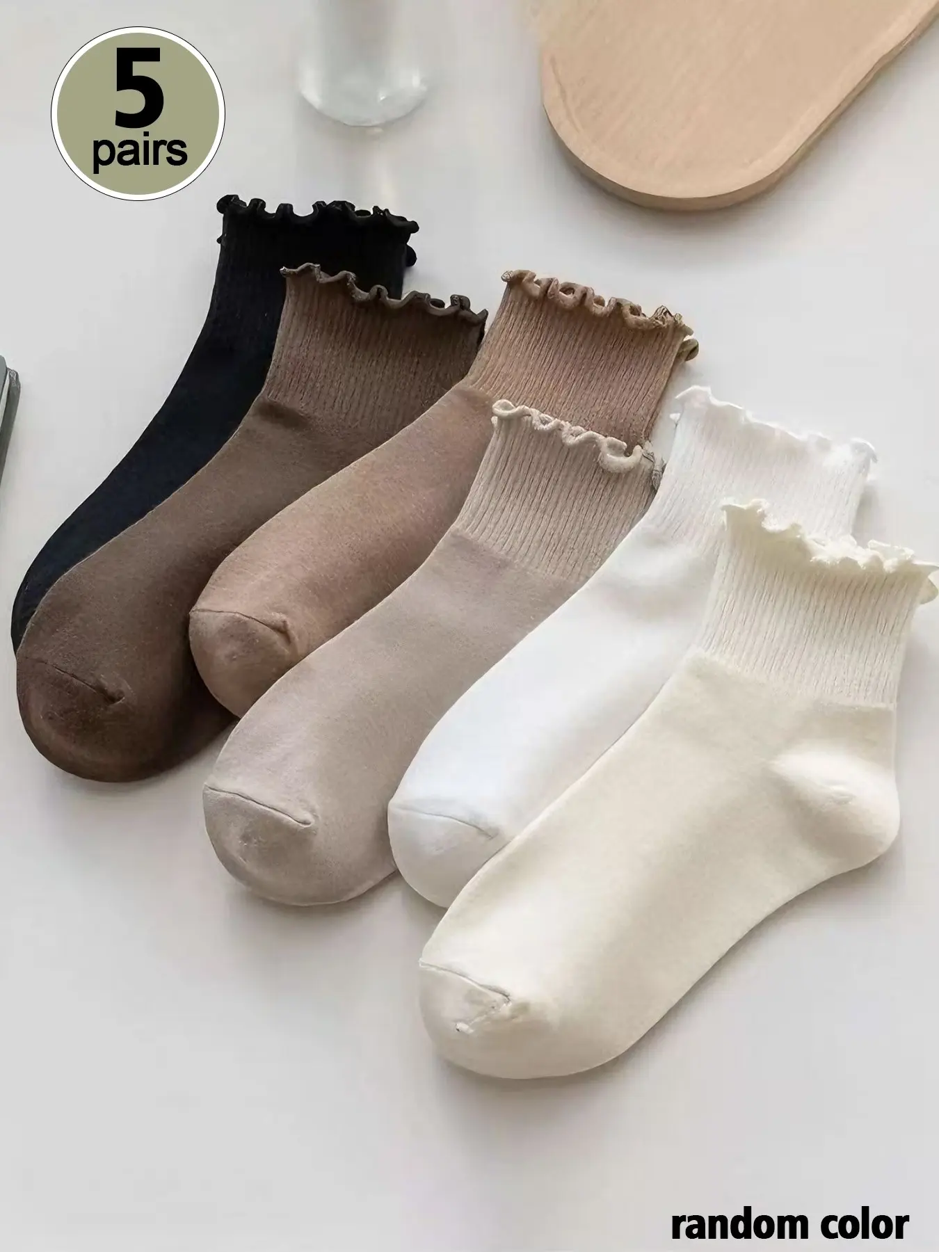 5 Pairs Ruffle Crew Socks for Women Lettuce Edge Frilly Cuff Ribbed Socks Neutral Earth Tone Brown Beige Aesthetic Slouch Socks