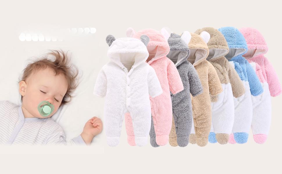 New(New)Newborn Baby Cartoon Bear Snowsuit Winter Coat Fleece Hooded Jumpsuit Romper for Girls Long Sleeve Cute Plain Design