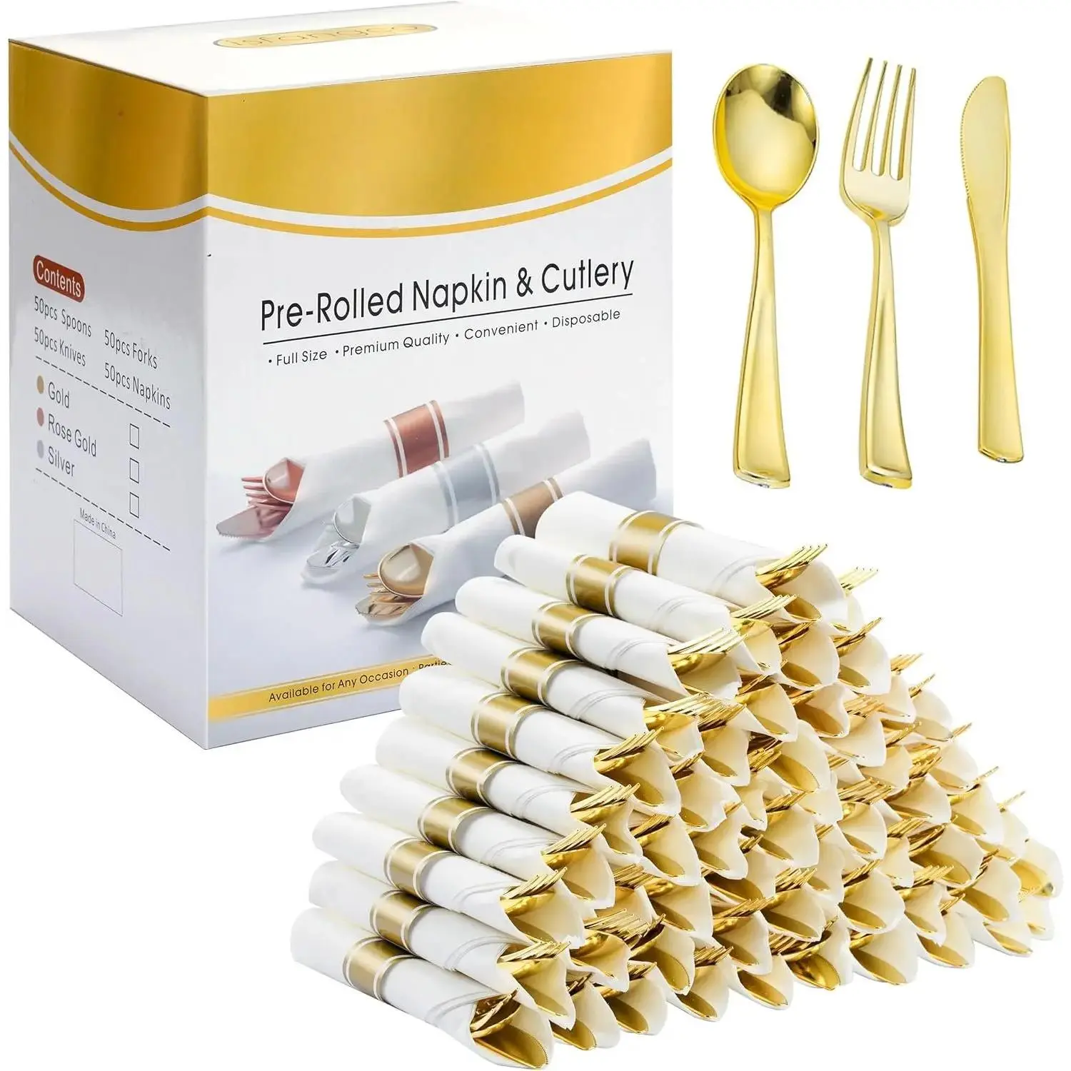 50 Pack Pre Rolled  Plastic Silverware Set with Napkins,Disposable Wrapped Heavy Duty Cutlery Set for Wedding Birthday Party-50 Forks,,Spoons,Napkins,Utensils Set,Plasticware Bulk