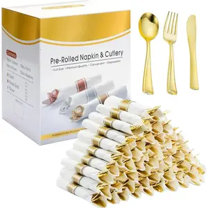 50 Pack Pre Rolled  Plastic Silverware Set with Napkins,Disposable Wrapped Heavy Duty Cutlery Set for Wedding Birthday Party-50 Forks,,Spoons,Napkins,Utensils Set,Plasticware Bulk