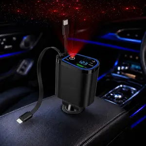 4 in 1 Retractable Car Charger with Red Starry Sky Light, USB C Fast Car Charger Adapter with USB-A Port and Voltage Display, Car Charger for iPhone 16/15/14, Samsung Galaxy, Pixel, Android