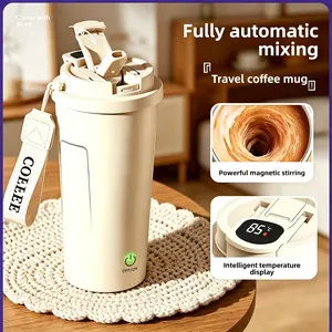 2026 New Beige Rechargeable Smart Stirring Coffee Mug Double Spout Straw Food Grade Temperature Display Portable Water Bottle for Outdoor Travel Car shaker cup bpa-free sport