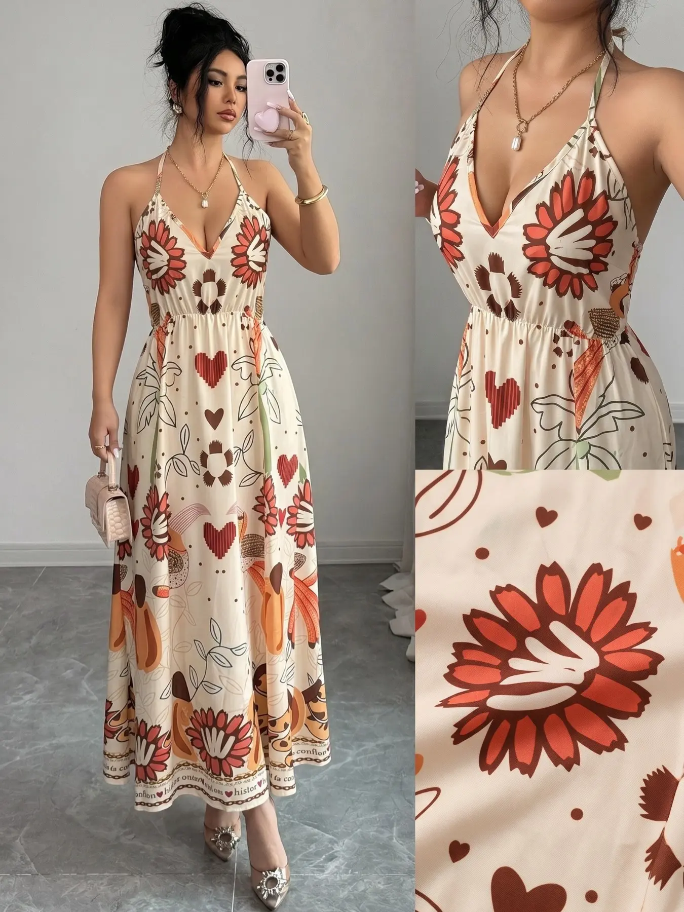 Women's Vacation Four-Season Chic Bohemian Floral Print Sleeveless Backless Drawstring Dress, Elegant Summer Party, Comfortable Daily Wear