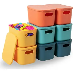 Plastic Storage Bins with Lid, Stackable Storage Containers for Organizing, Decorative Storage Baskets for Shelves Living Room Playroom Classroom Office (Small (8 PCS))