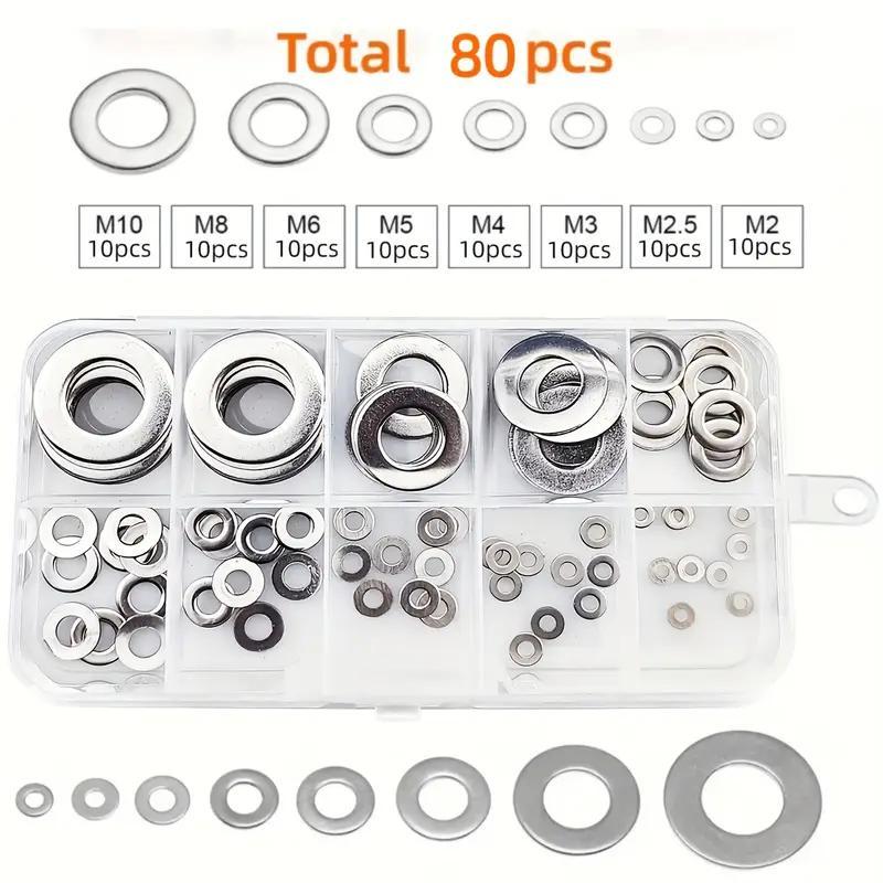 80-580pcs Stainless Steel Flat Washers Assortment Kit, M2 to M12 Sizes for Home Decoration and Outdoor Construction, Perfect for Factories and Shop Repairs