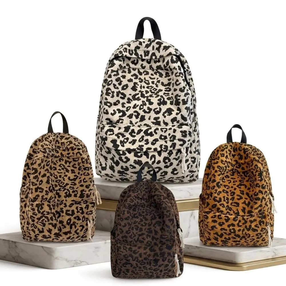 Leopard Print Backpack For Women Corduroy Backpack Capacity Backpack.Stylish, versatile, and casual student backpack