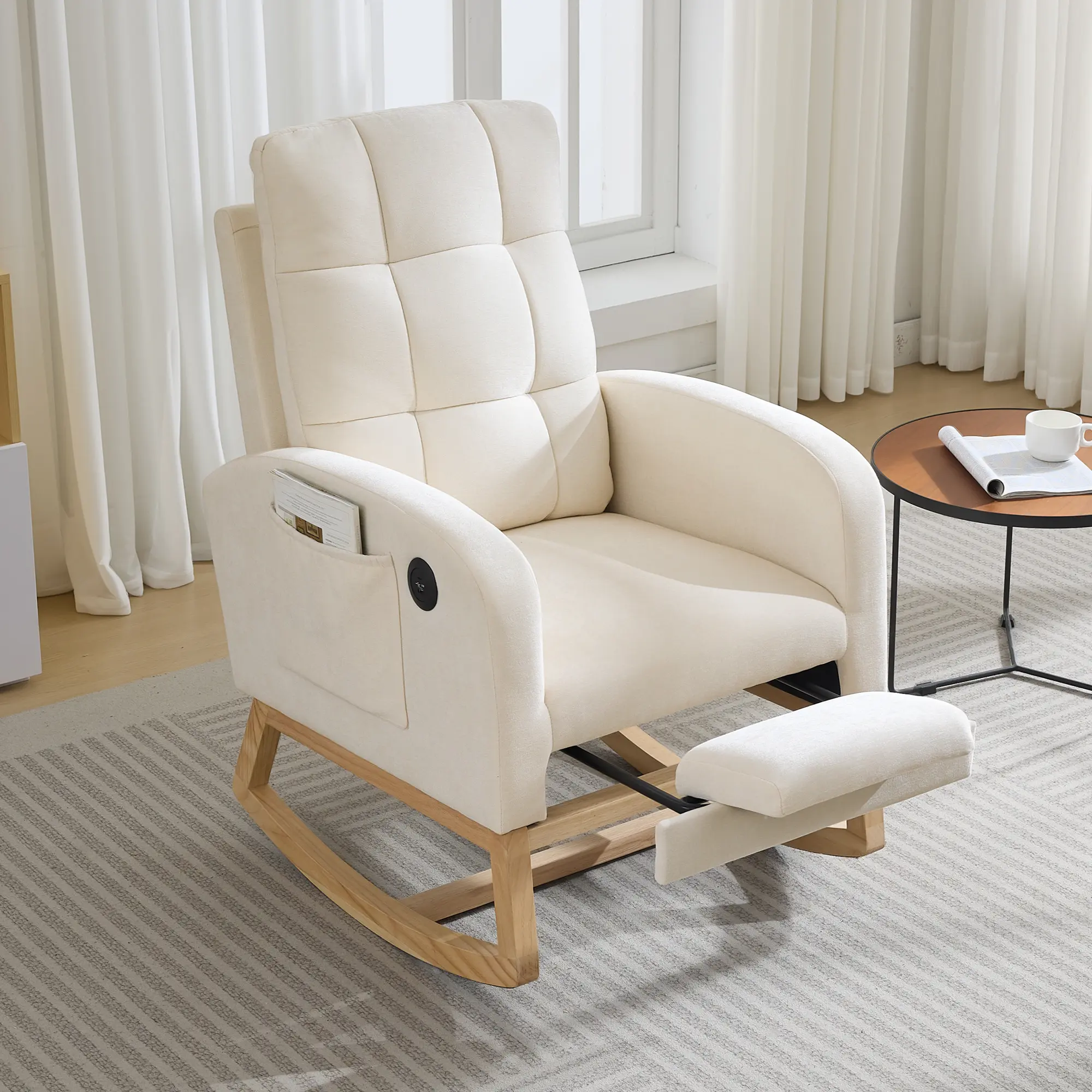 High Back Upholstered Nursery Rocking Recliner Chair, Comfortable Glider with Footrest & Side Pocket, for Living Room, Bedroom, or Nursing Room