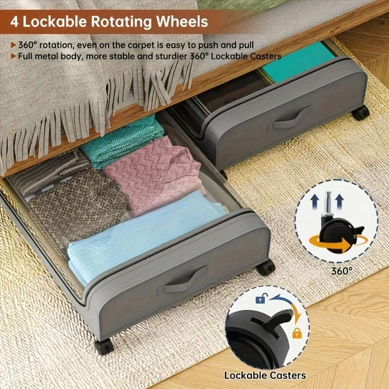 1/2pcs Rolling Under Bed Metal Drawer - Under Bed Storage with Wheels for Clothes, Blankets, Books, Bedding, Shoes - Storage Containers, Organizer.1pc In A Gray Storage Box,, Hanger