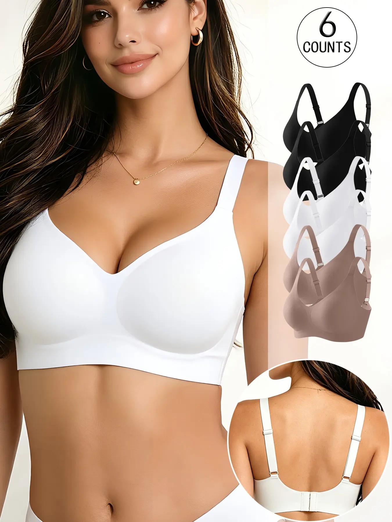 6 Pack/12 colors available; High-quality seamless jelly bra for women; 4 rows and 3 hooks; Push-up and lift; Adjustable tank top; Daily casual/Party/Yoga; Comfortable, breathable, and skin-friendly; Women's wireless bra; Daily Wear Bra