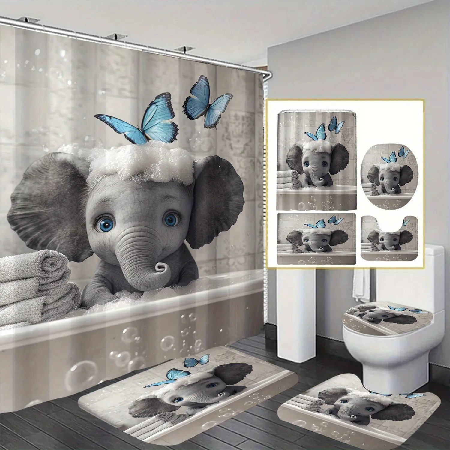 4-Piece Elephant Shower Curtain Set, Machine-Washable Elephant-Print Shower Curtains, 4-Piece Set | 12 Hooks, Suitable for Rooms, Homes, Hotels, and Bathroom Curtains