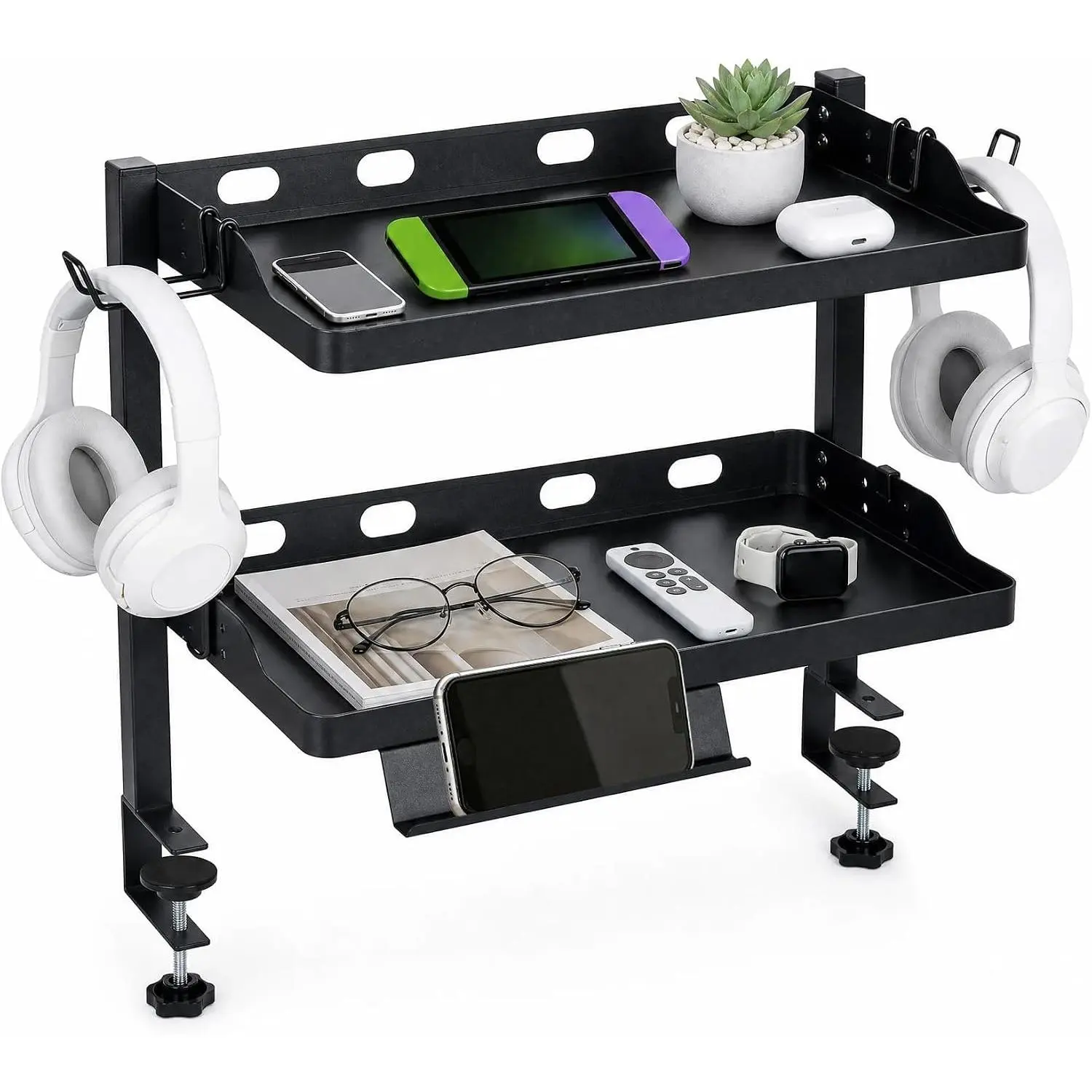 GARVEE Adjustable Double-Layer Desk or Under-Desk Hanging Storage Rack Iron with Customizable Height, Space-Saving Design, Durable Metal Construction, Versatile Use, Easy Installation