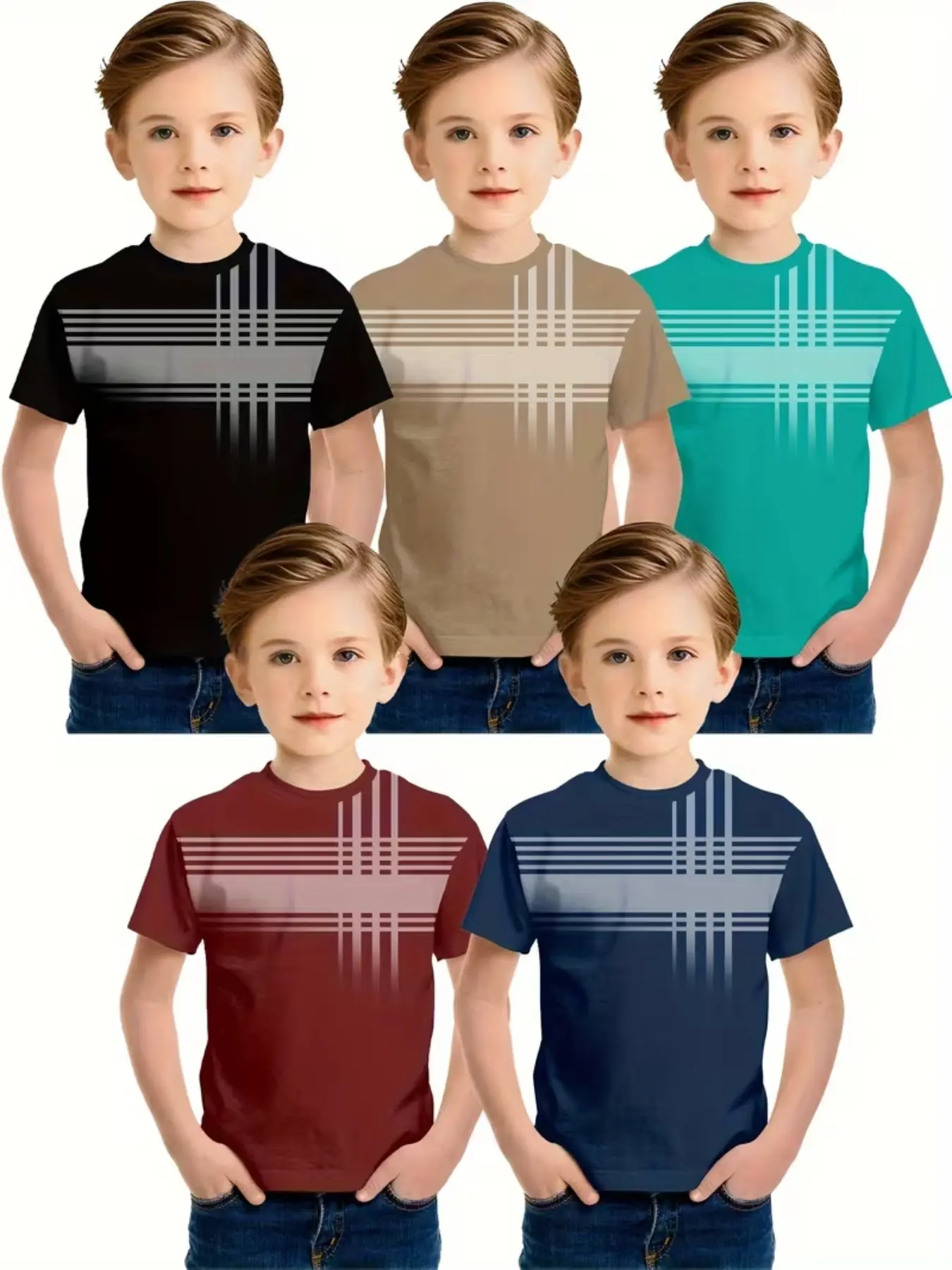 New 5-Pack Boys' Printed T-Shirts, Authentic Youth Tee, Round Neck Short Sleeve, Casual Geometric Pattern, Fitted Long Top, All Seasons Wear