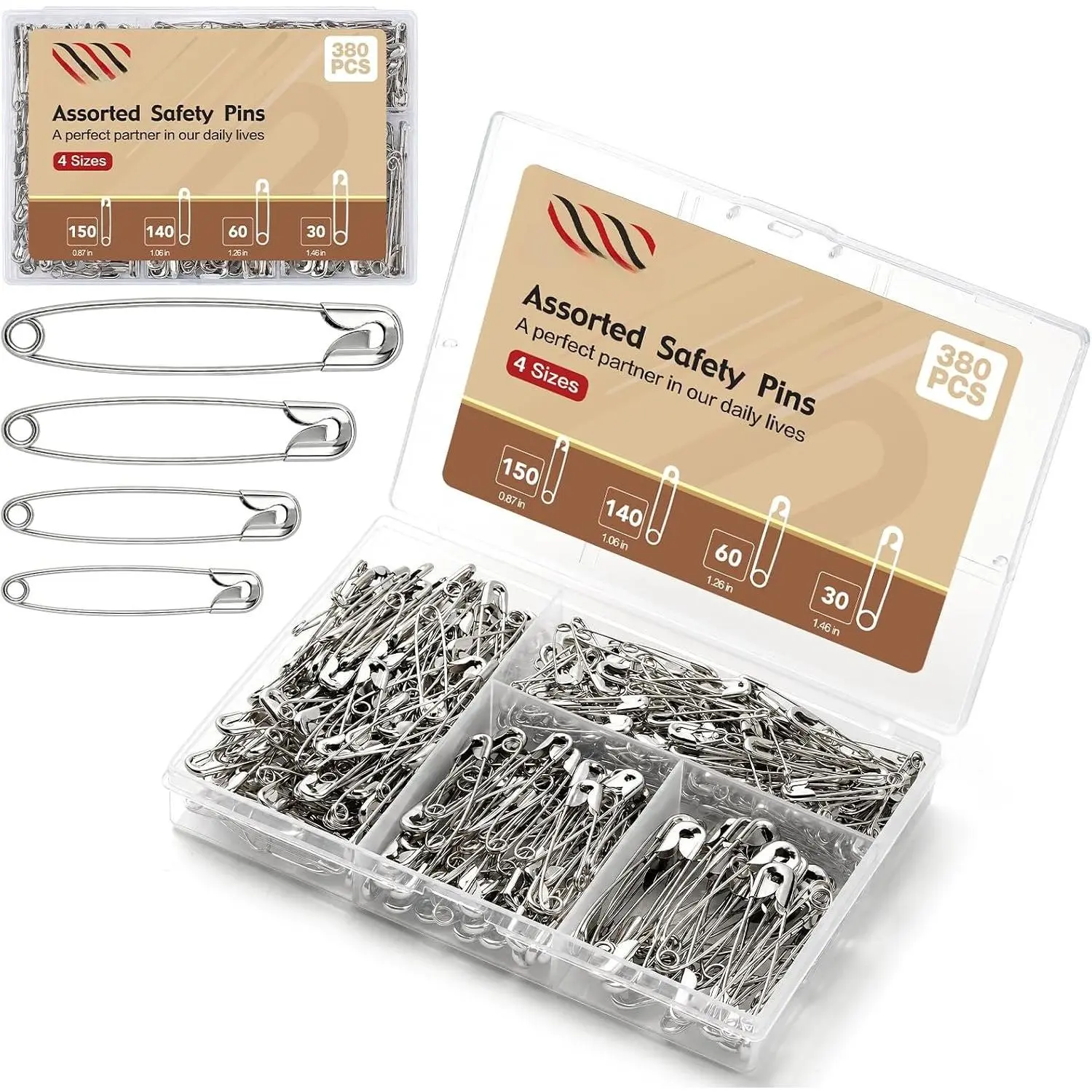 380 Pack Safety Pins  Sizes, Heavy Duty Pins for Clothes | 4  Small & Large Safety Pin, Sliver   Pins Bulk, Fasteners for Clothing, Sewing, Crafting