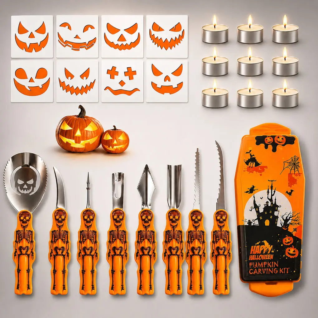 25-Piece Pumpkin Carving Tool Set, Includes 8 Skull Pattern Carving Knives, 8 Pumpkin Face Templates, 9 Smokeless Candles, Halloween DIY Kit