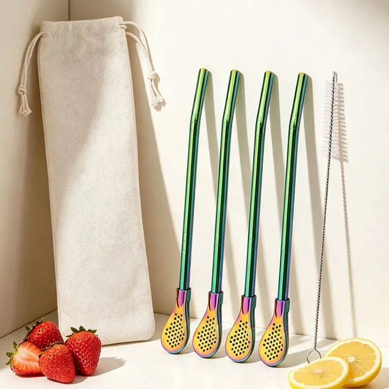 6-Piece Reusable Stainless Steel Straw Spoon Set, Washable Tea Strainer, Cocktail Bar Accessories, Durable Drinking Straw