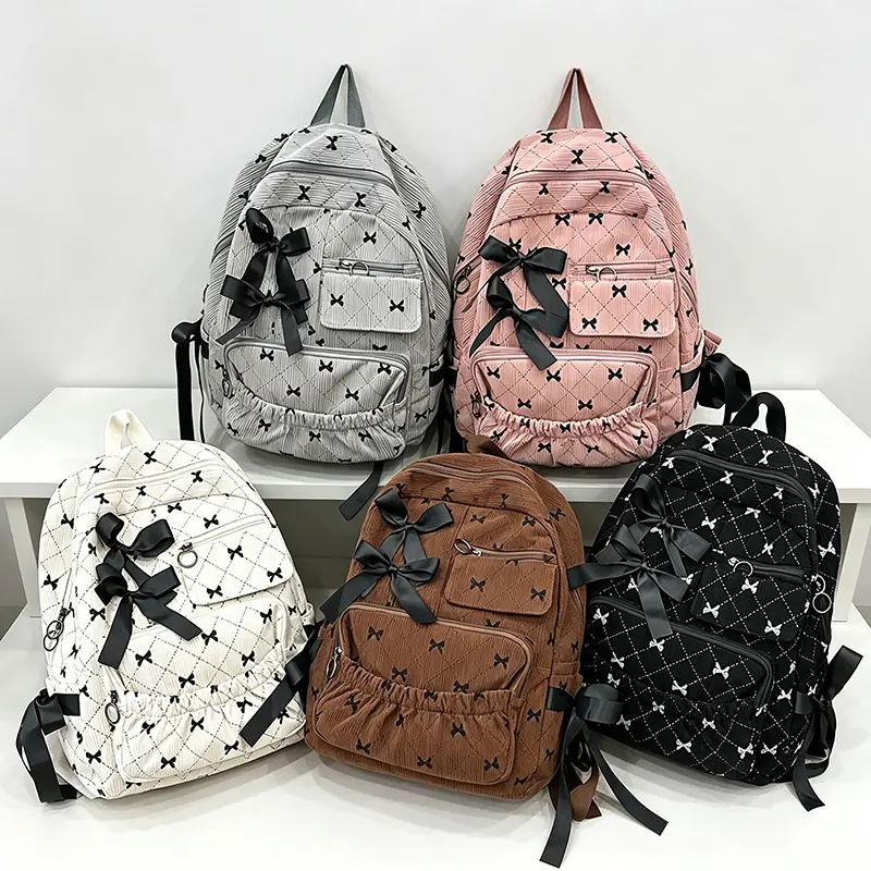 New Corduroy Bow Backpack for Women, Large Capacity Versatile Backpack, Niche Korean Style High-End Bow Backpack