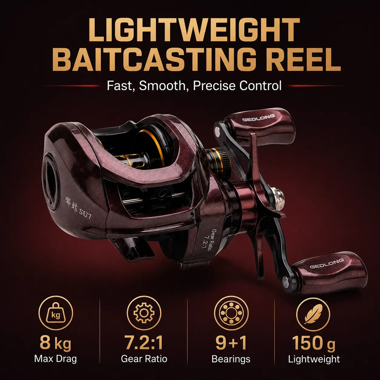 Ultra Light Metal Baitcasting Reel 7.2:1 Gear Ratio 17.6LB Max Drag 150g Super Lightweight Anti-Backlash Long Cast Versatile Fresh Saltwater Fishing Reel Beginner Friendly Easy Setup
