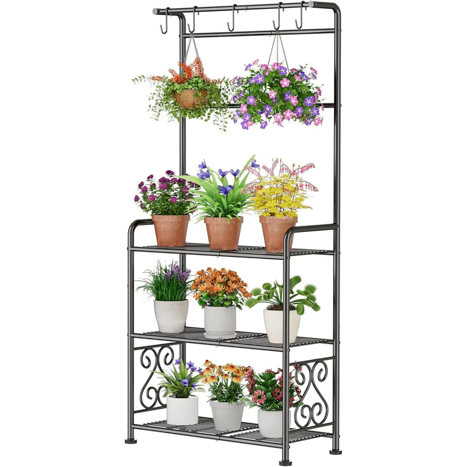Plant Stand Indoor Outdoor Heavy Duty Metal - 56.4" Tall 3-Tier Shelf for Multiple Plants, Flowers, Rustproof Black Storage Rack for Patio, Balcony, Living Room, Garden, Includes Hooks&Adjustable Feet