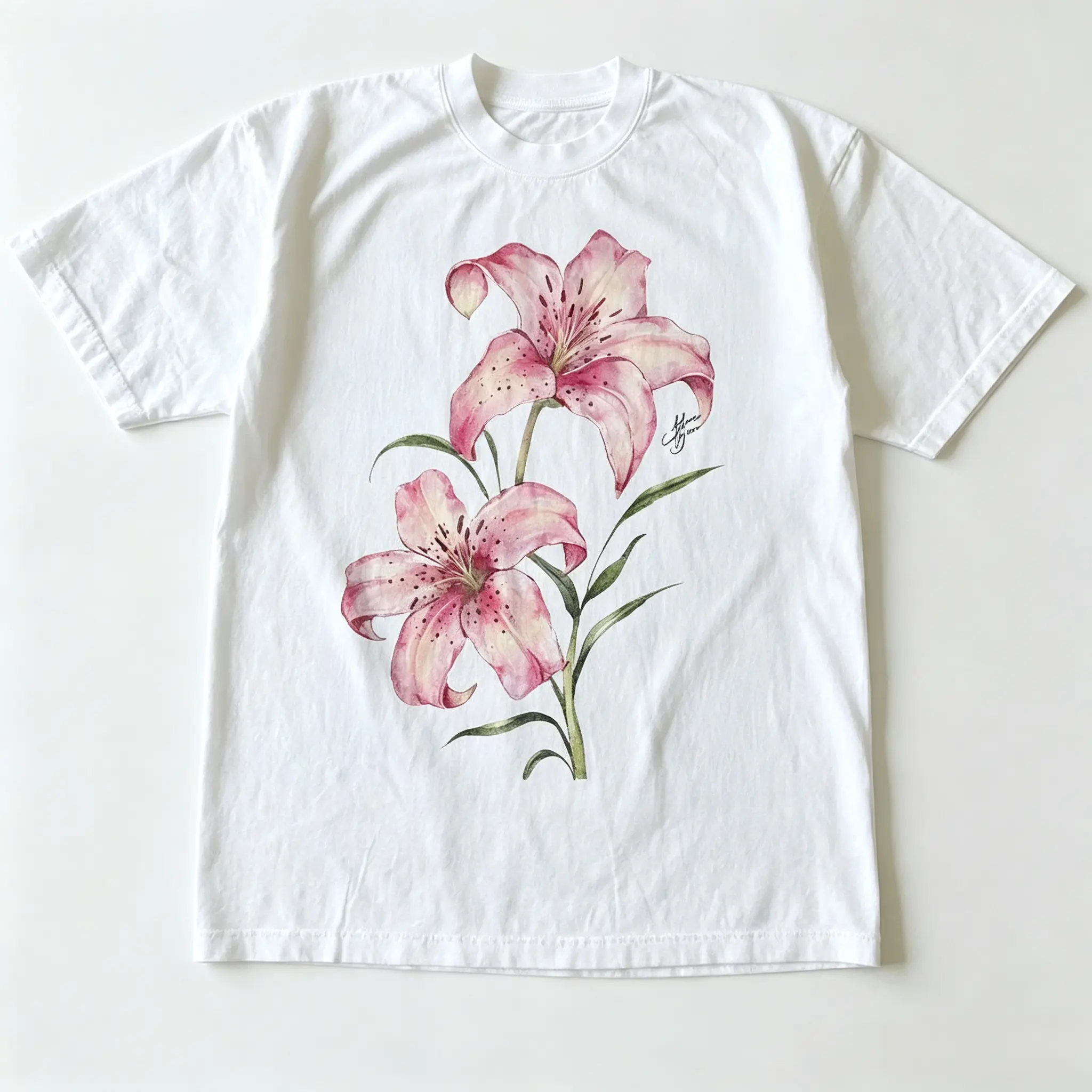 Women's Elegant Short Watercolor Lily Floral Graphic Oversized Cotton T-Shirt - Botanical Art Casual Top, Cute Fashion Outfit, Perfect Valentine's Day Gift for Friends, Tops