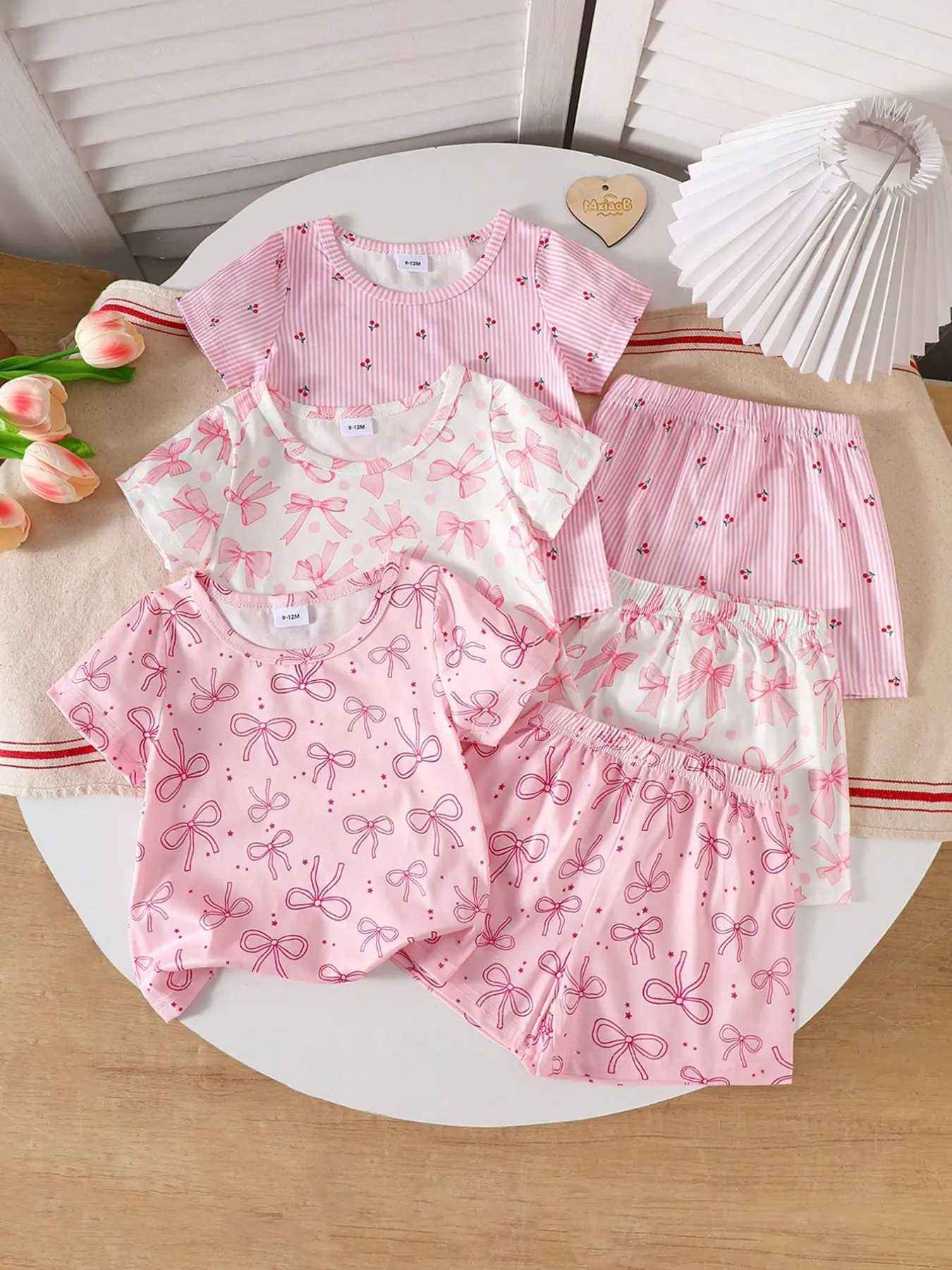 Three Sets (six Pieces) Girls' Casual Striped Cherry Bow Dot Star Pattern Soft Comfortable Flame-Resistant Knit Short Sleeve T-Shirt Shorts Set Summer Outfits Set Summer Clothing Set Knitted Set