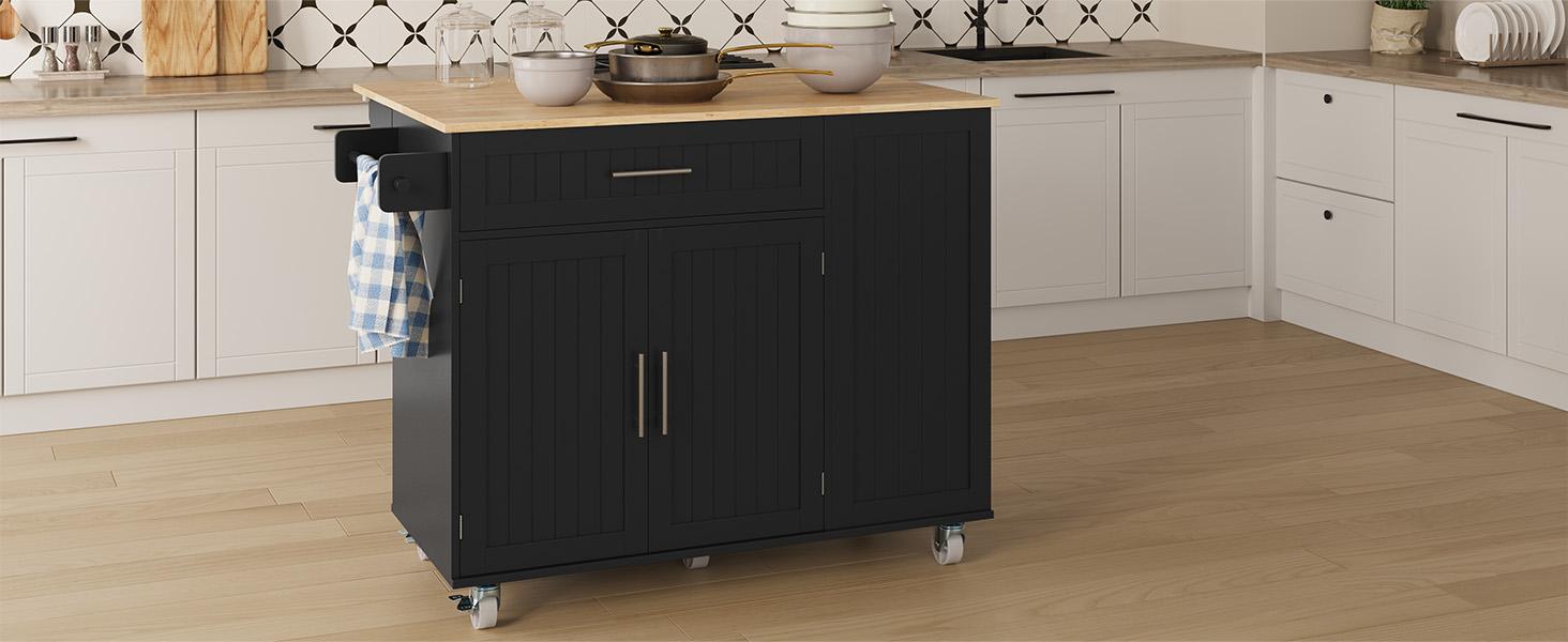 Kitchen Island with Storage, 31.5" D Rolling Kitchen Cart on Wheels with Widen Drop Leaf Rubberwood Top, Large Mobile Kitchen Island with Trash Can Storage and Towel Bar, Black