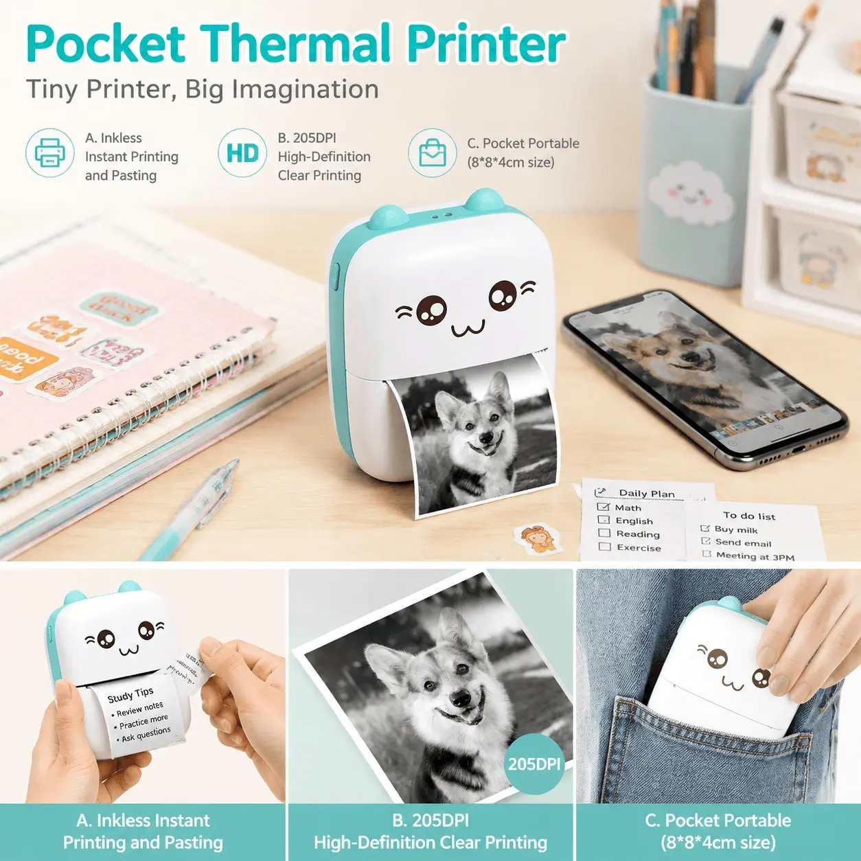 Mini Portable Bluetooth Thermal Label Maker - Inkless Pocket Sticker Printer for iOS/Android, Photo & Note Printing, Refillable, 14 Sticker Rolls for Journal, Scrapbook, Receipts