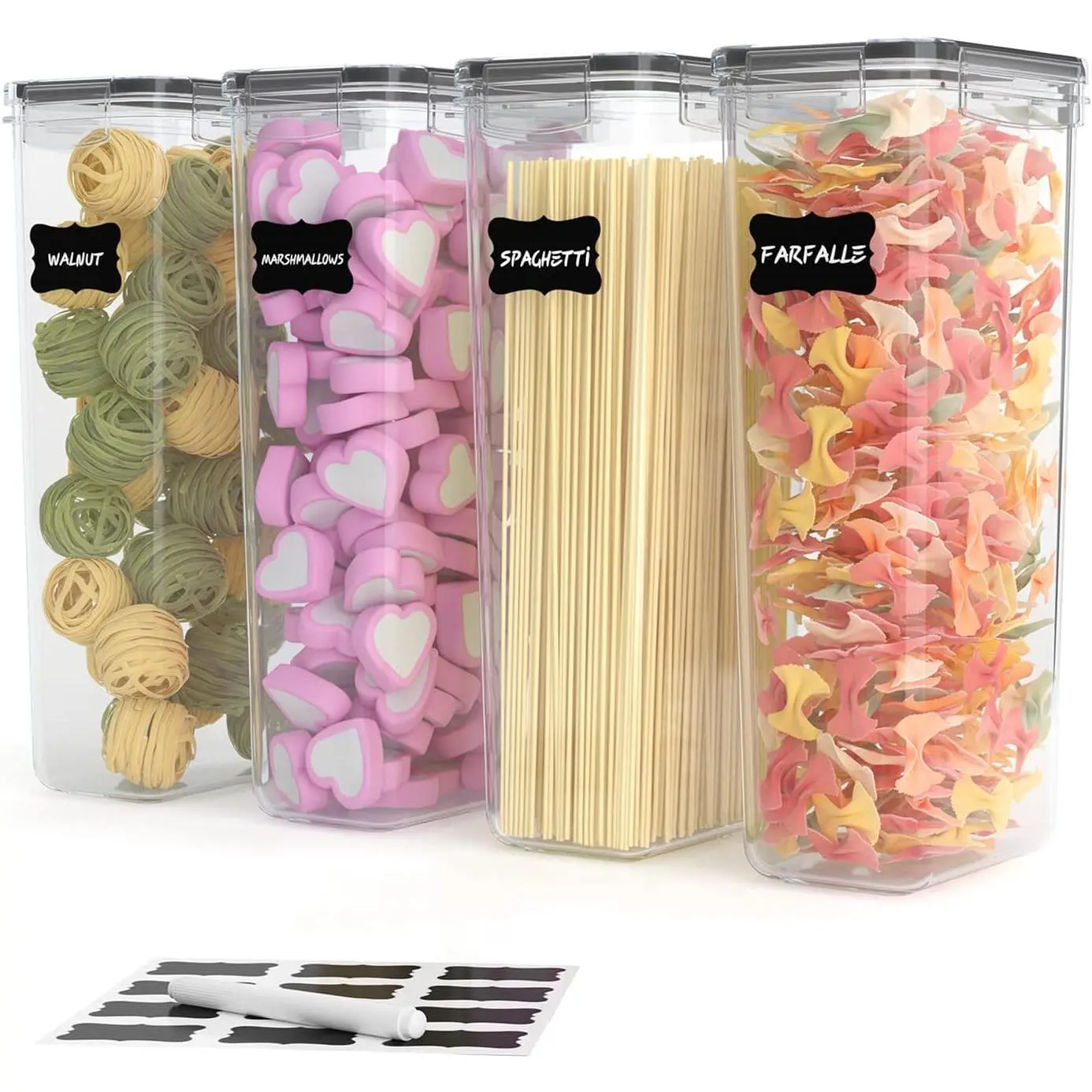 Pasta storage containers, set of 4, 2.8 liter sealed food storage containers, pasta containers for pantry organization and storage, kitchen noodle storage containers, plastic jars with durable lids