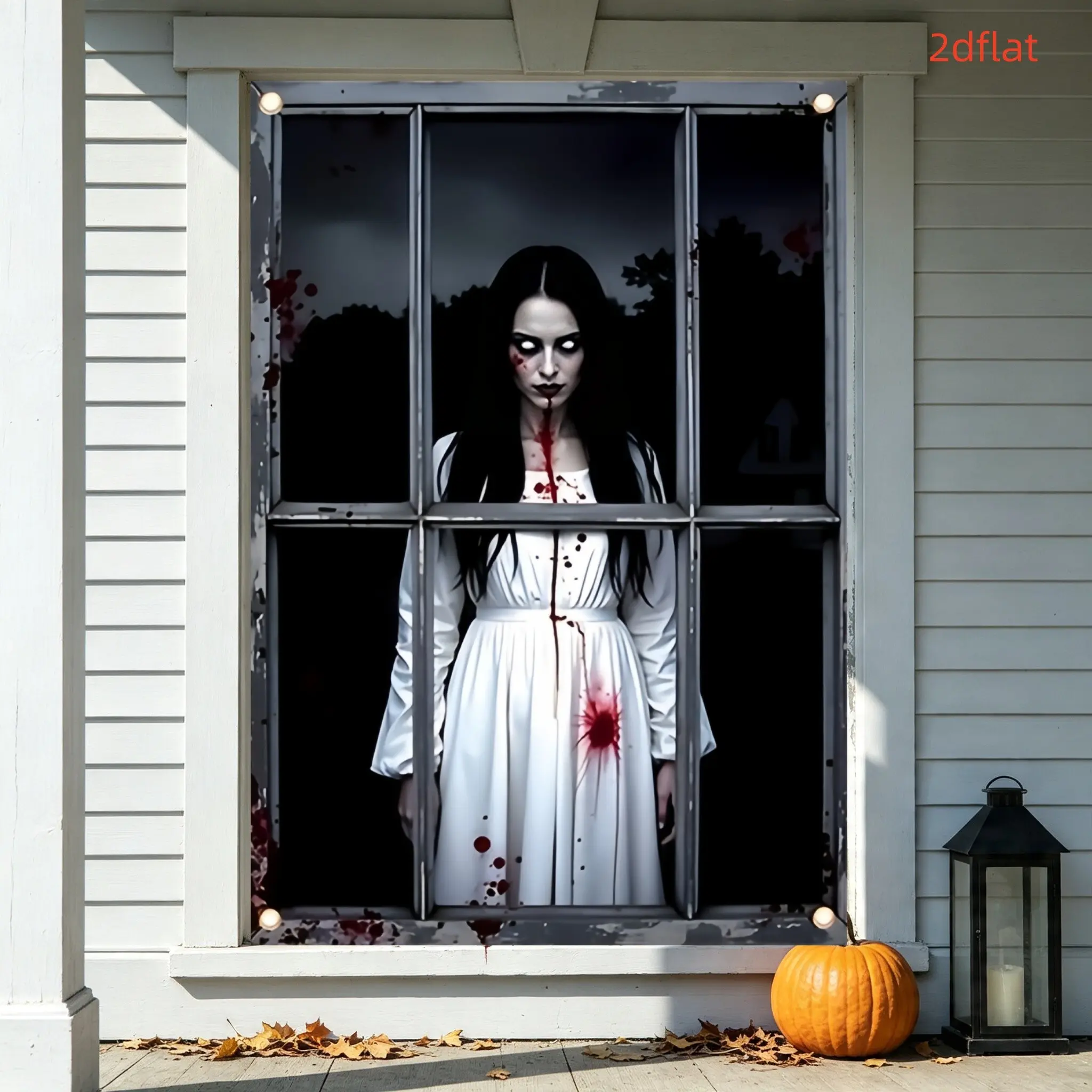 Halloween Backdrop Cloth with Rusty Iron Window, Blood-Stained Ghost Lady, Ideal for Escape Room, Horror Party, Photo Shooting