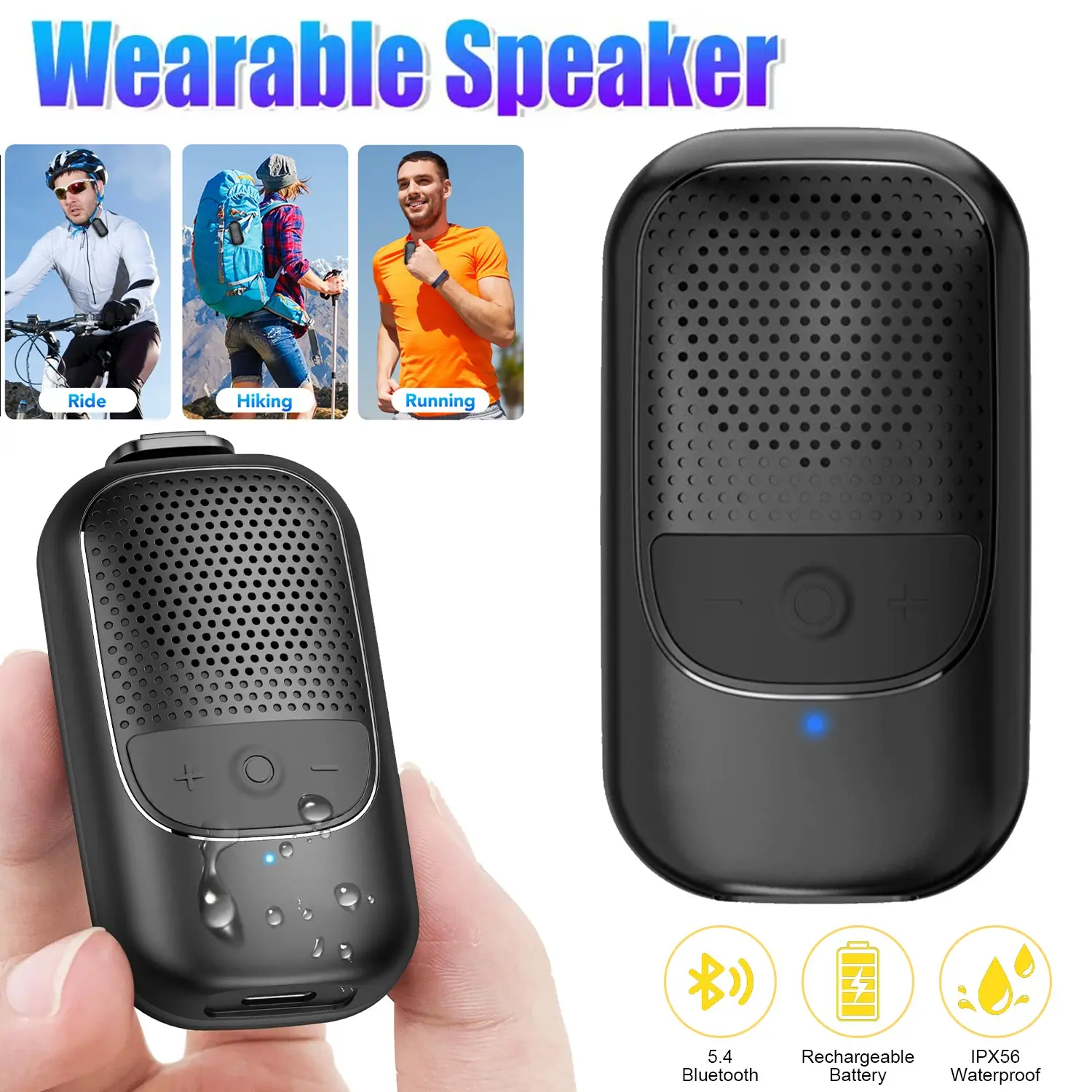 Wireless Clip-On Speaker, Ip67 Waterproof, Enc Microphone, Large Touch Buttons, Wearable, Ideal for Running, Hiking, Outdoor Activities