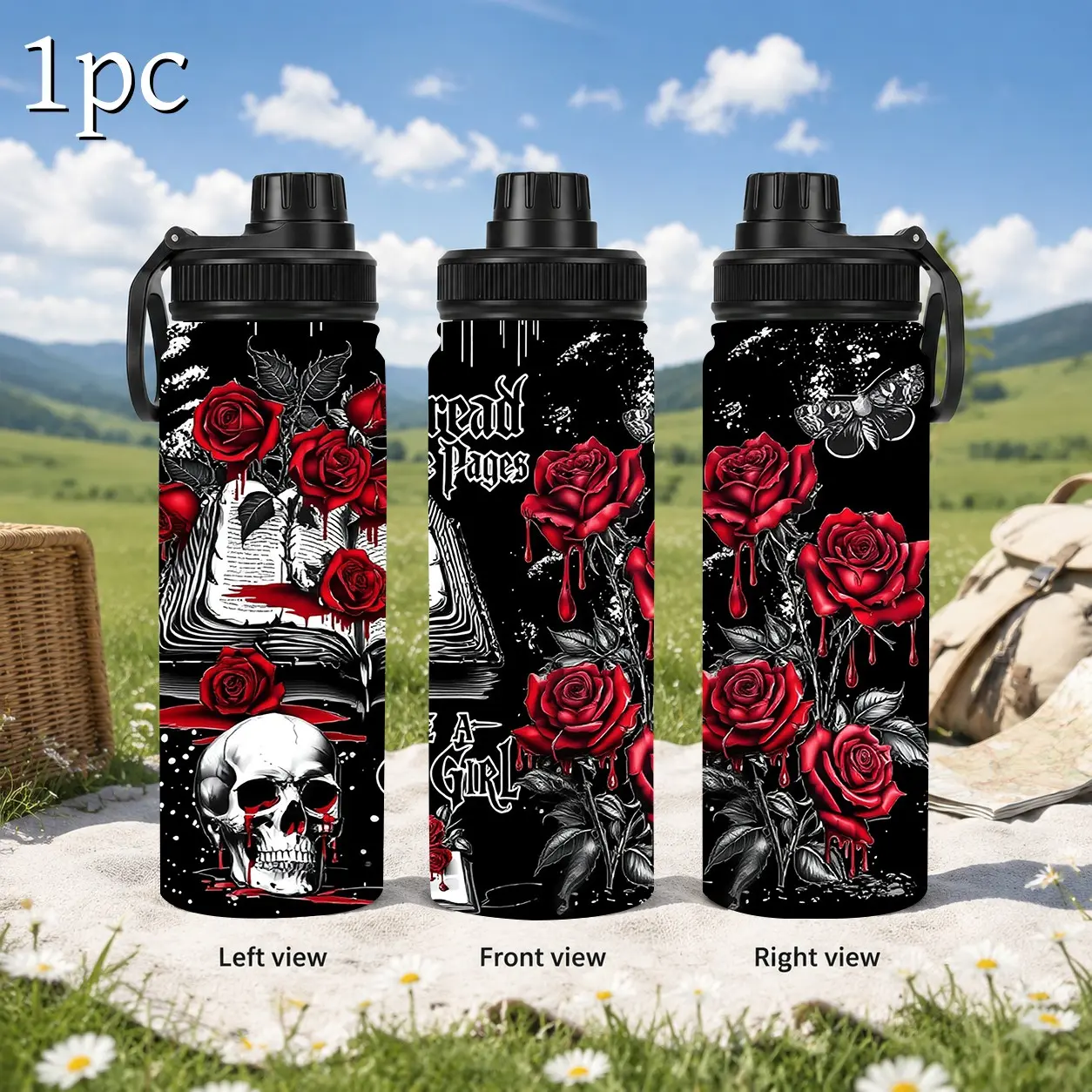 1pc 18/20oz Gothic Red Drip Rose Skull Book Moth Print Sports Stainless Steel  Insulated Water Bottle, Leakproof Flask with Carry Handle, Dark Art Travel Cup Gift for Book Goth Lovers