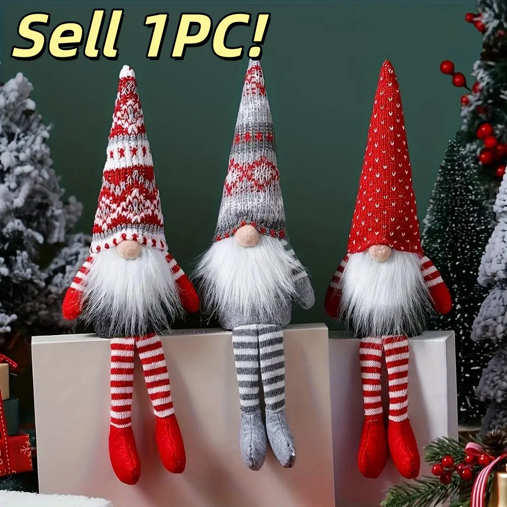 1PC Cute Long Leg Nordic Christmas Gnome Plush Doll 1PC, Knitted Striped Outfit Faceless Dwarf Ornament with Fluffy White Beard & Pointy Hat | Ideal Xmas Tree Hanging Decor, Tabletop Home Hotel Decoration, Christmas Stocking Stuffer & Holiday Party Favor