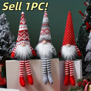 1PC Cute Long Leg Nordic Christmas Gnome Plush Doll 1PC, Knitted Striped Outfit Faceless Dwarf Ornament with Fluffy White Beard & Pointy Hat | Ideal Xmas Tree Hanging Decor, Tabletop Home Hotel Decoration, Christmas Stocking Stuffer & Holiday Party Favor