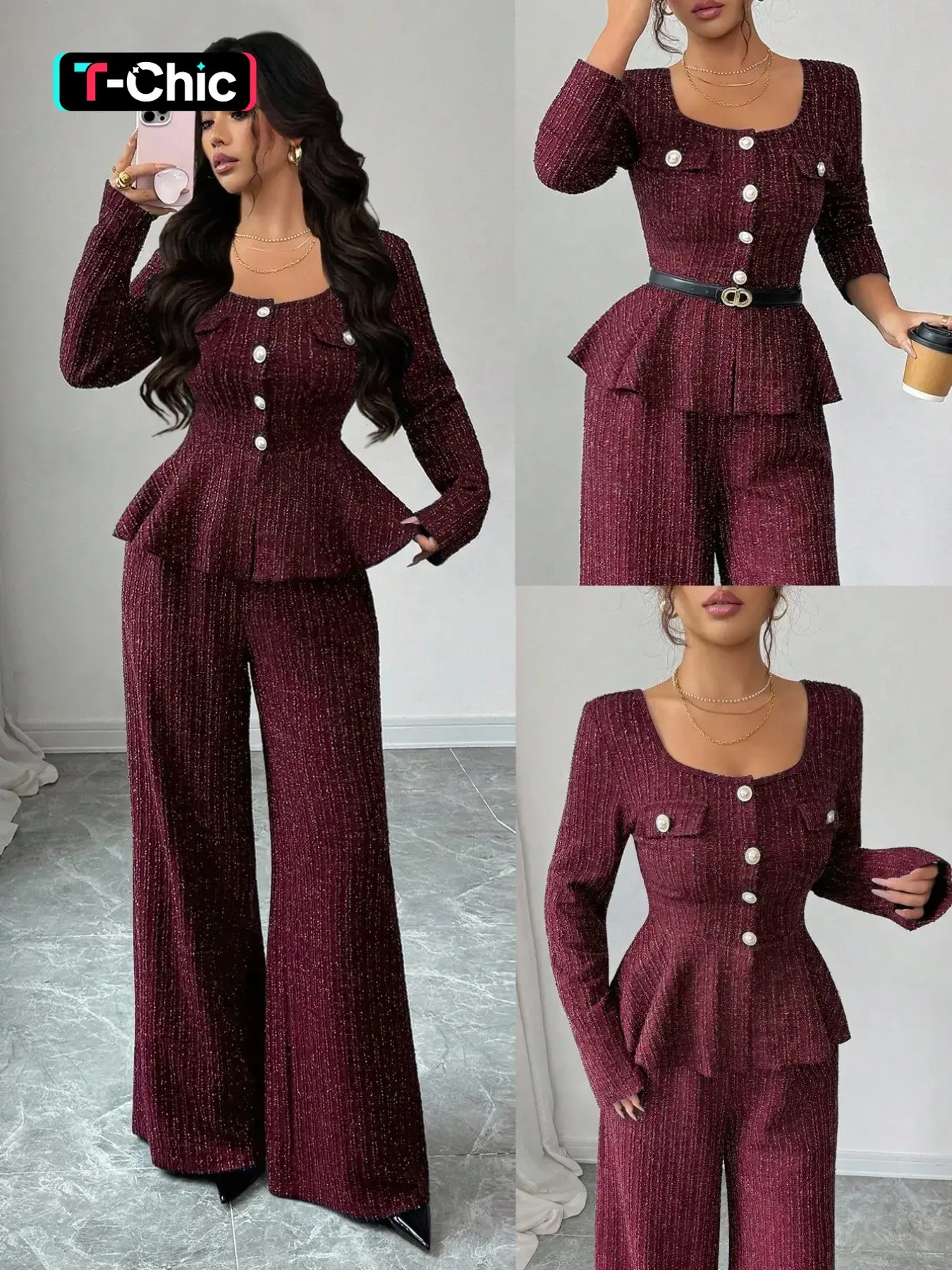 Fall Winter New Plaid Silver Color Set, Office Siren Outfits Girl, French Romantic Noble Lady Chic Style, Elegant Design, Long Sleeve Blazer + Wide Leg Pants, Two-Piece Suits