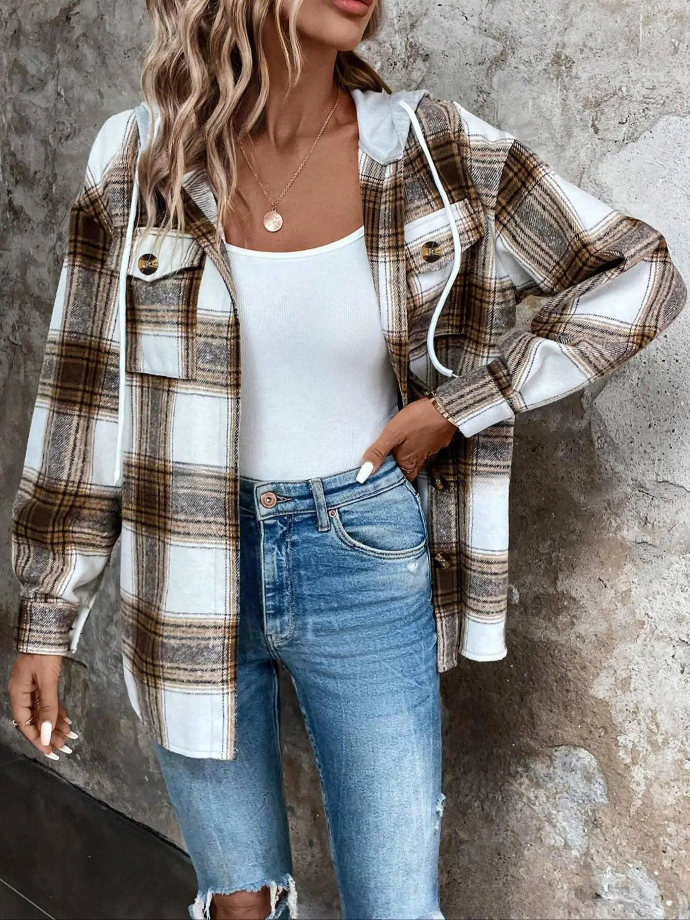 Loose Plaid Casual Shirt Jacket, Drawstring Hooded Drop Shoulder Coat, Long Sleeve Button Front Outerwear for Men & Women, Plaid Hooded Shacket