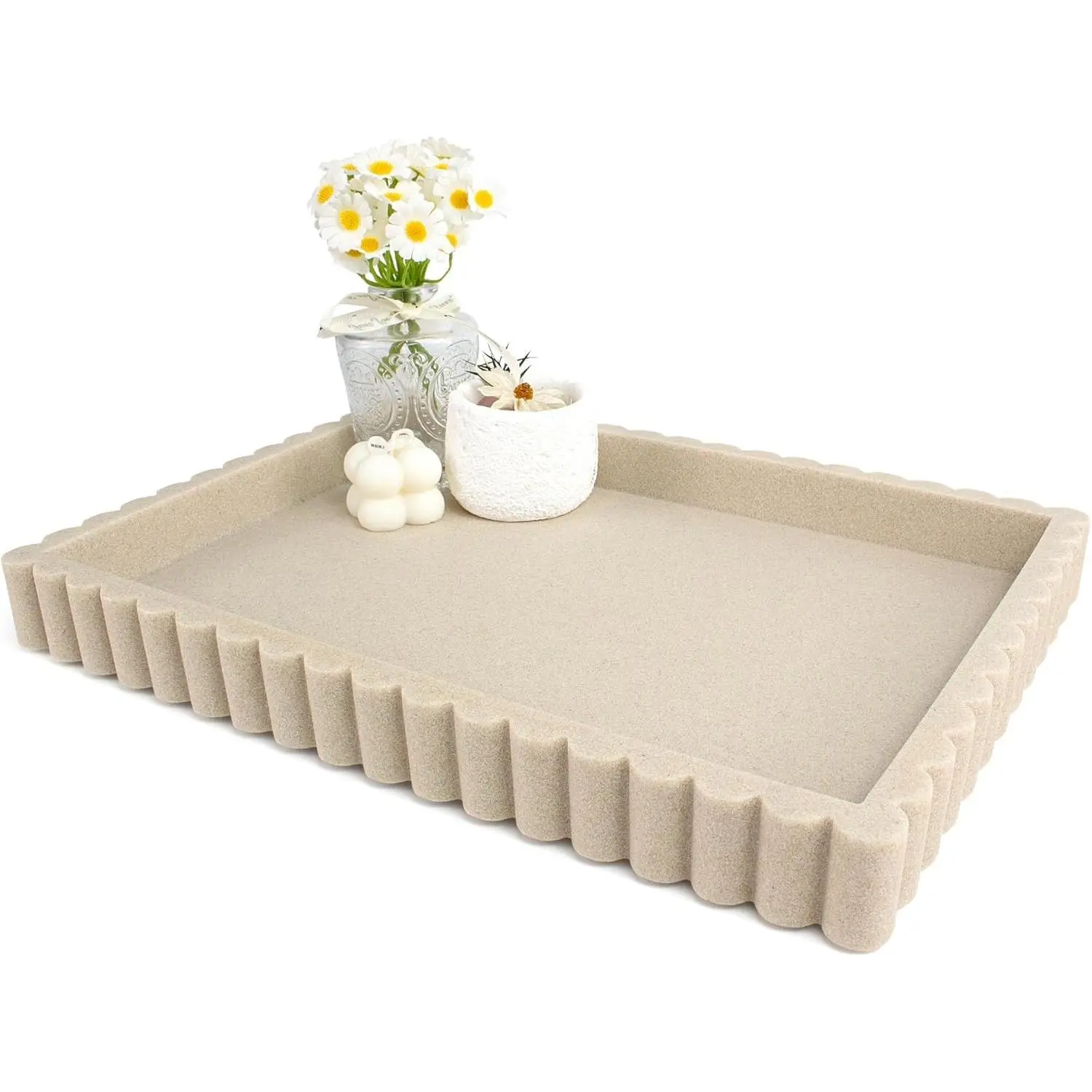 Scalloped Coffee Table Tray, Ottoman Tray for Modern Home Decor, 14" Decorative Tray for Entryway Living Room Table Decor, Coffee Table Centerpiece - Beige Resin