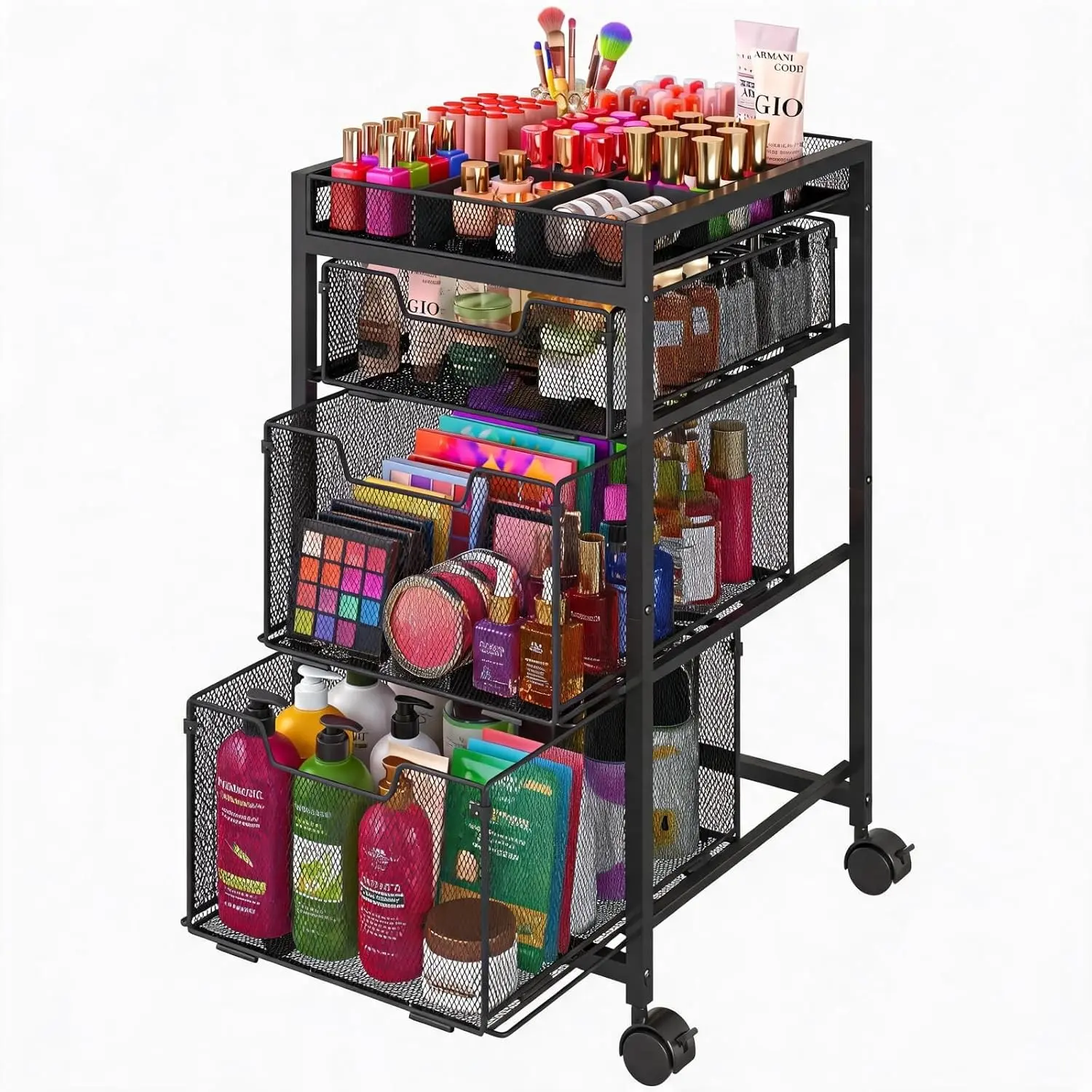Rolling Makeup Cart Organizer with 3 Drawers, Cosmetics Display with Dividers, Floor Skincare Storage with Wheels, Versatile Vanity Organizer for Nail Polish Perfume Brush Hair Tool, Black