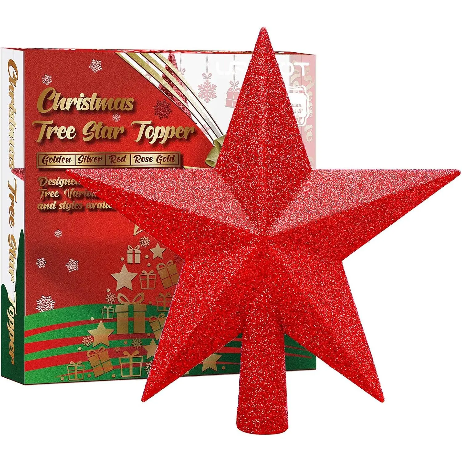 Glittered Christmas  Tree Topper Christmas Decorative Holiday Treetop Shatterproof  Ornament for Holiday Christmas Tree Decoration, Red, 4 Inch