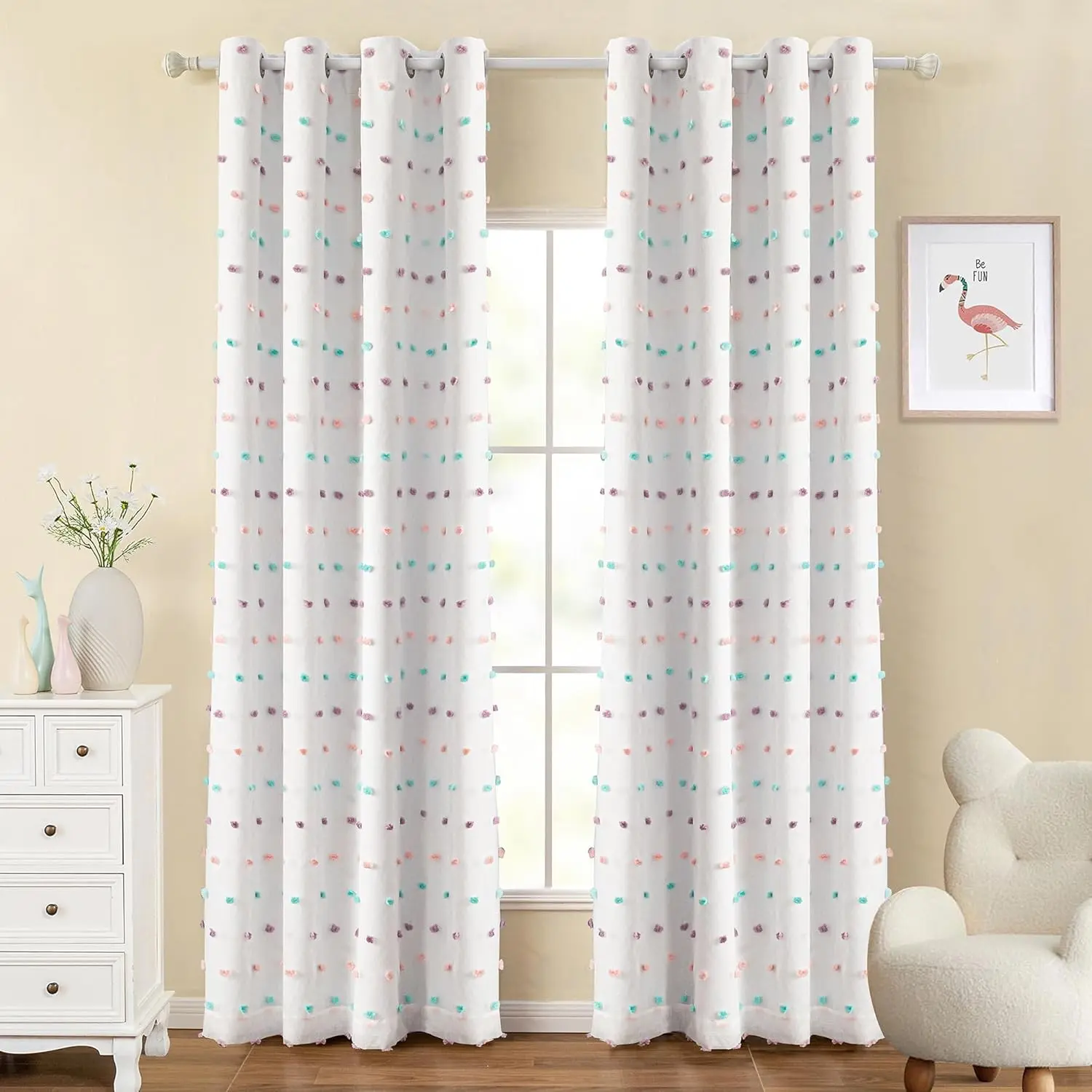 Kids Blackout Curtains for Boys Bedroom 84 Inch Long 100% Light Blocking Cute Curtains for Playing Room 2 Panels Grommet Nursery Drapes with Rainbow Pom Pom Sheer 2 Layered 52W x 84L