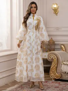 Elegant Embroidered Mesh Abaya Dress for Muslim Women, Perfect for Ramadan and Eid, Loose Fit with Moderate Thickness, Kaftan Abaya Robe