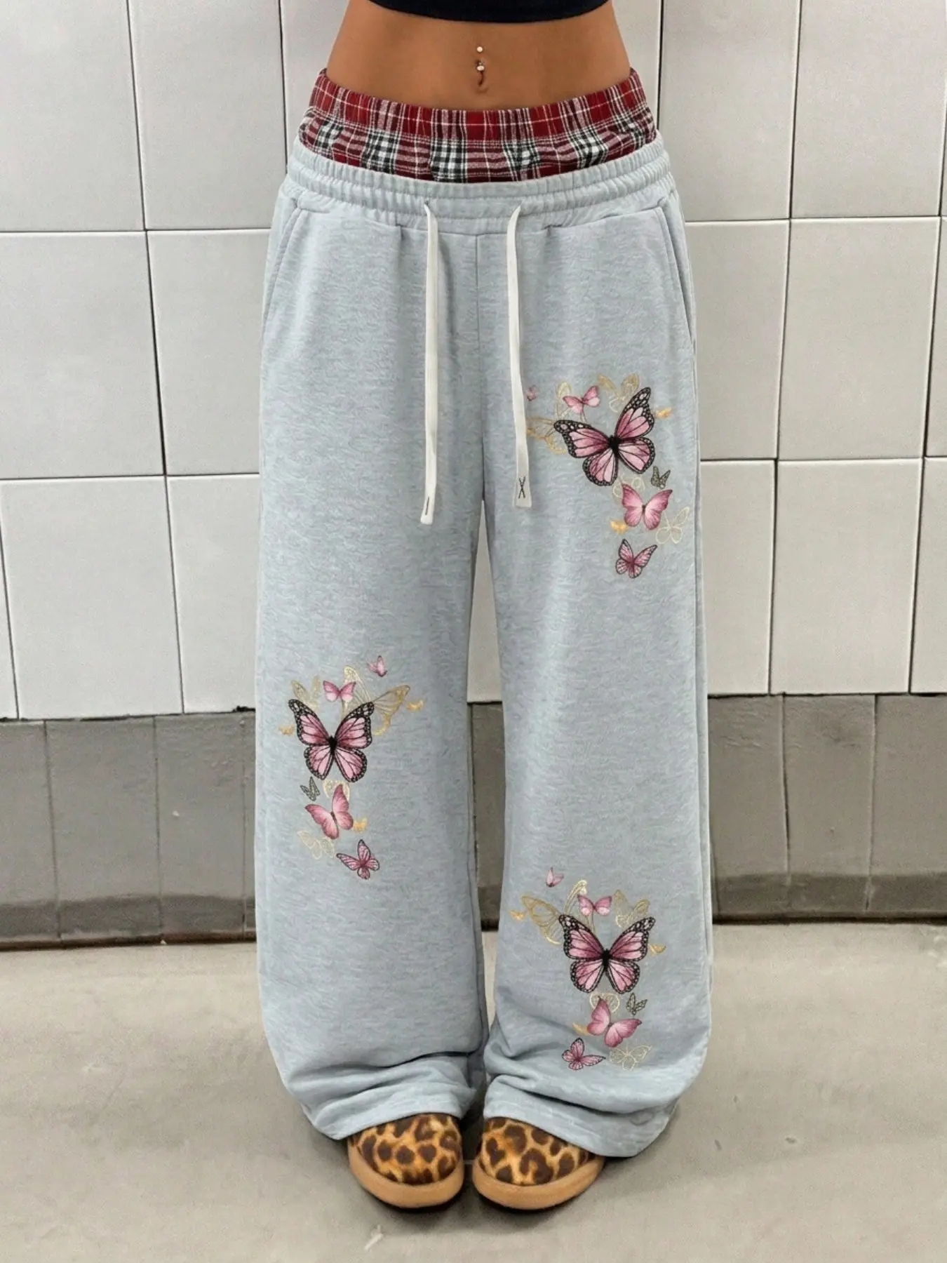 Cute Pink Butterfly Embroidery Heather Gray Wide Leg Sweatpants Women Plaid Fake Double Waistband Elastic Drawstring Loose Baggy Straight Leg Trousers Y2K Coquette Aesthetic Street Casual Pants