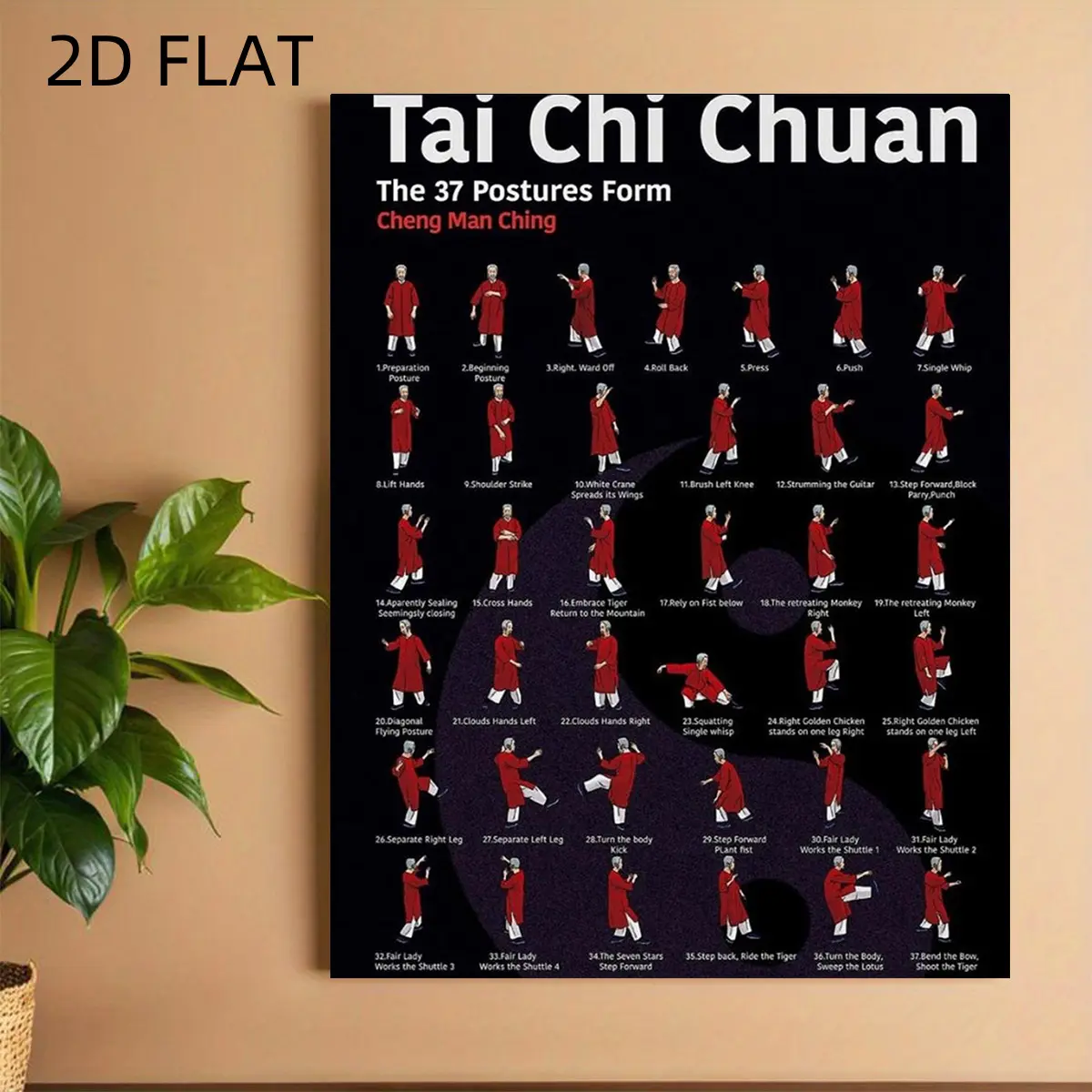 2D FLAT Illustrated Poster of 37 Tai Chi Forms - Traditional Chinese Martial Arts Diagrams, with step-by-step instructions, labeled movements and flow chart style - Canvas print, suitable for home, office, and dojo decoration - An ideal gift for practitio