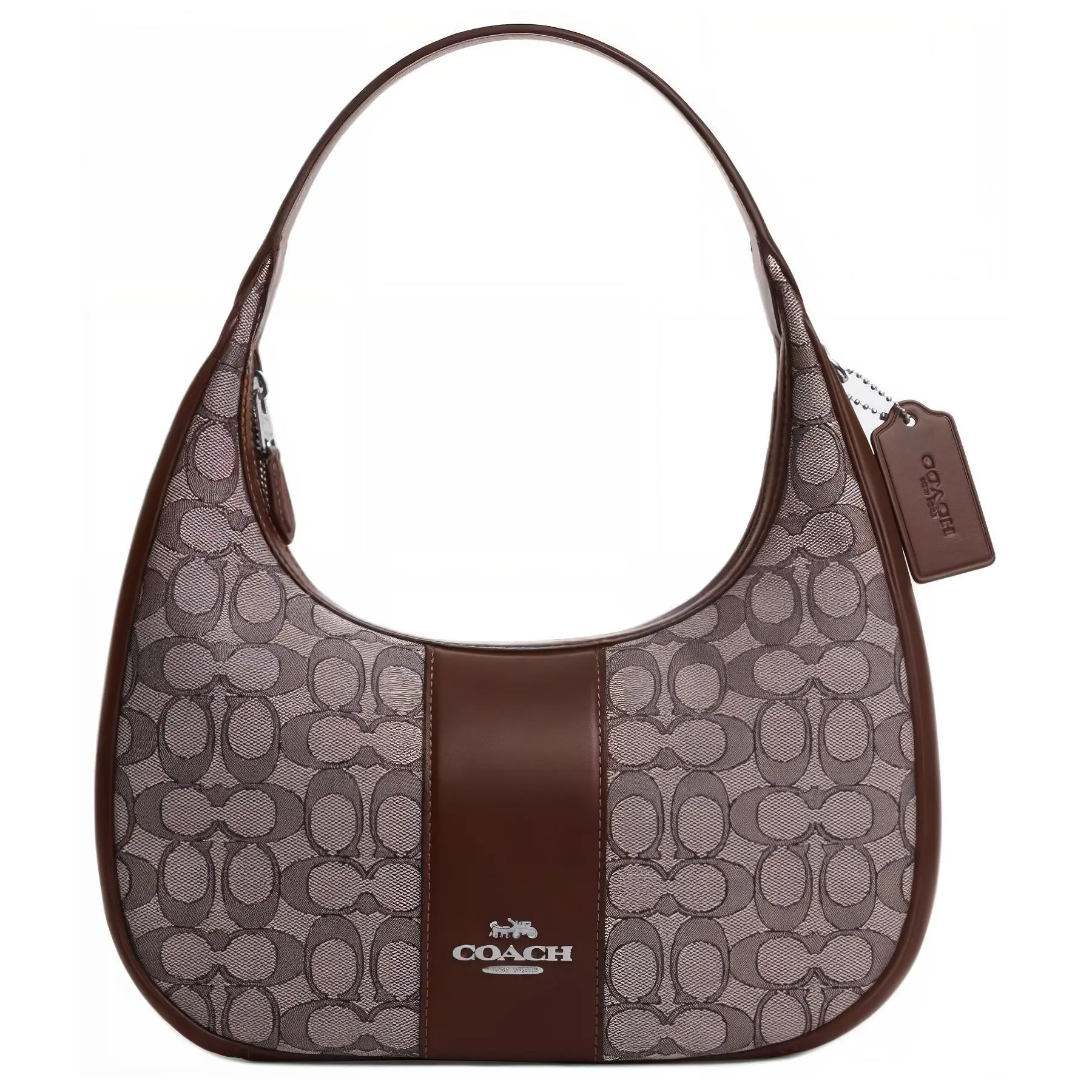 Coach Carmen 29 Signature Jacquard Zip Top Handle and Shoulder Bag for Women, Smooth Leather, Silver and Maple Brown