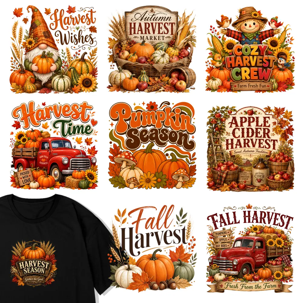 9 Pcs Harvest Wishes Autumn Harvest Cozy Harvest Harvest Time Pumpkin Season Apple Cider Harvest Season Fall Harvest Fall Harvest Iron on Transfers for clothing, T-shirts, jeans, backpacks, hats, pillows. DTF Transfers Ready Iron On