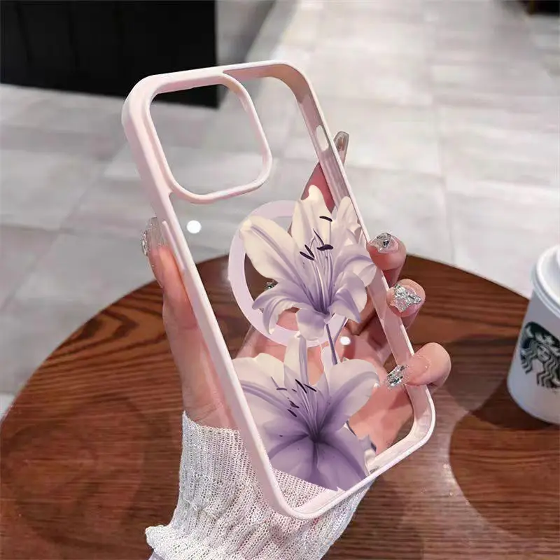 Phone Case - Lilies Purple White Blooms Wireless Charging Magnetic Phone Case for iPhone 17 E Air Pro ProMax iPhone16 15 14 Plus 13 12 11 X XS XR Frosted Cover