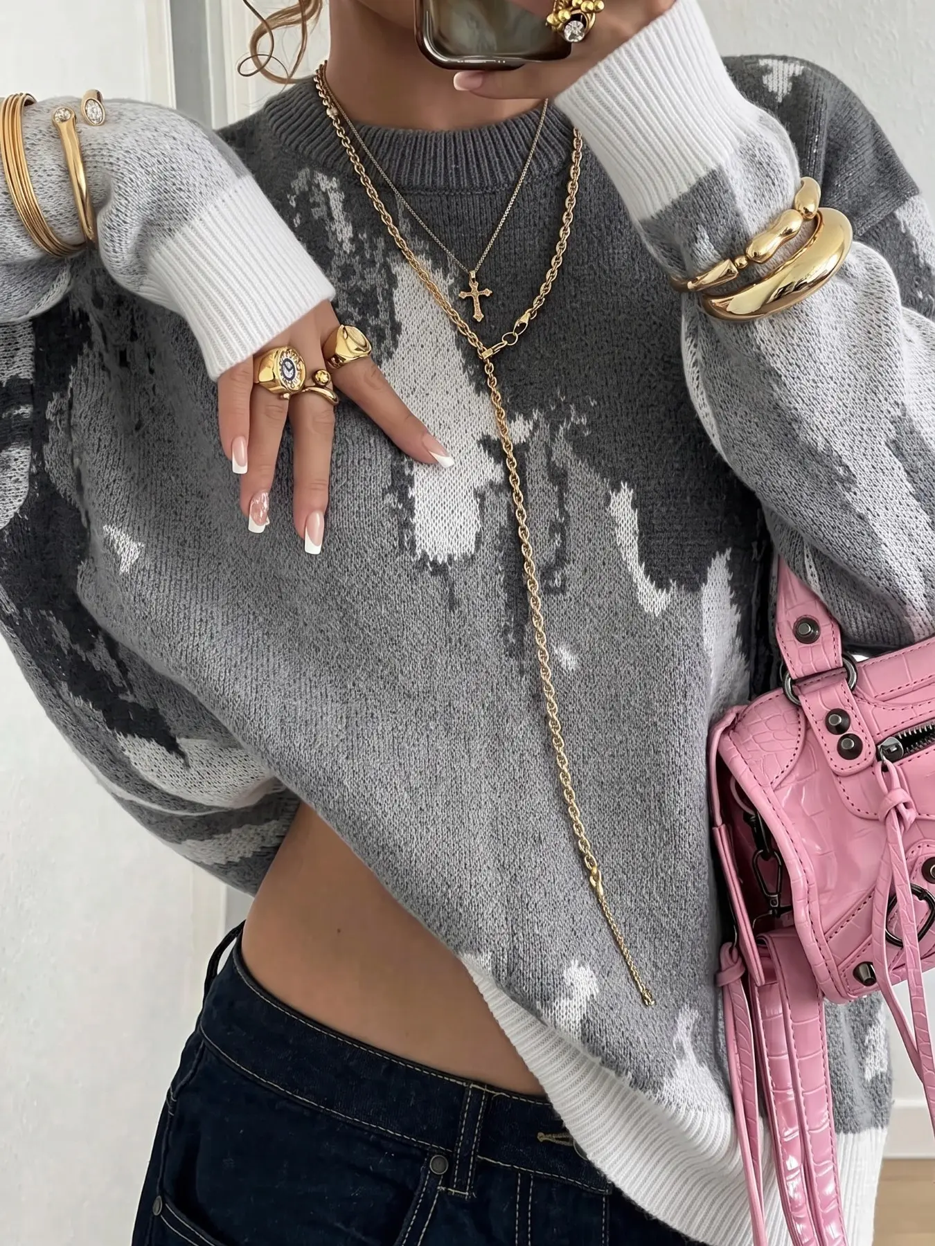 Autumn and winter warm abstract jacquard knit sweater, casual crewneck pullover. Soft, comfortable, loose casual fit, a must-have street-style sweater for autumn and winter, unisex #GraySweater Women