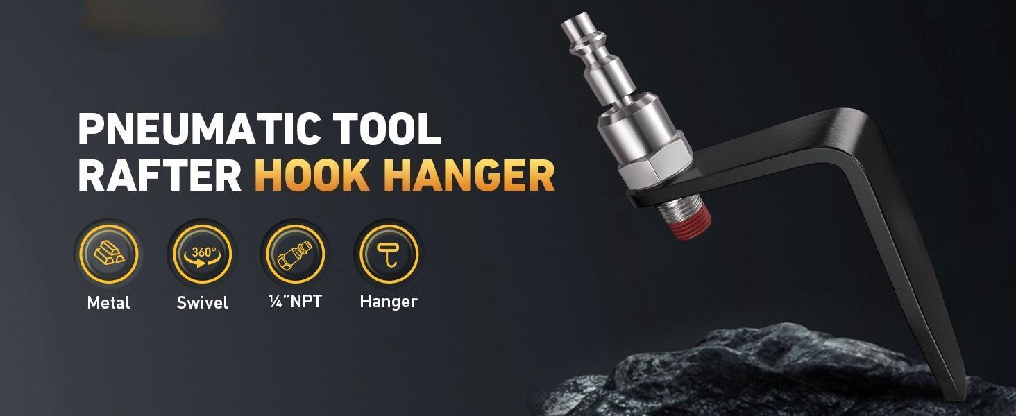 Pneumatic Tool Rafter Hook Hanger with 1/4 Inch & 360° Swivel Air Fitting, Lightweight Aluminum Air Tool Organizer Holder, L Shaped Hook for Air Nailer, Air Hammer, Air Blow Gun